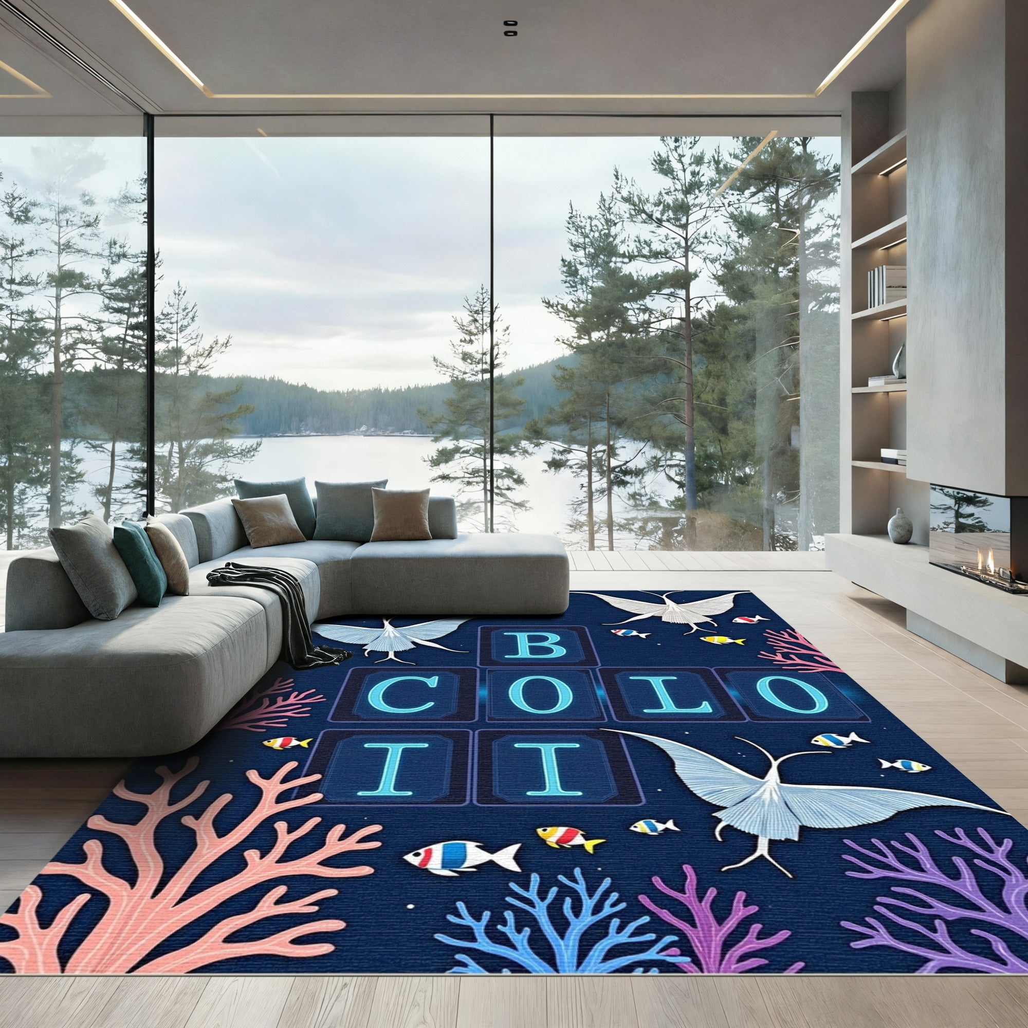 Whimsical Underwater Crane Fish Coral Rug