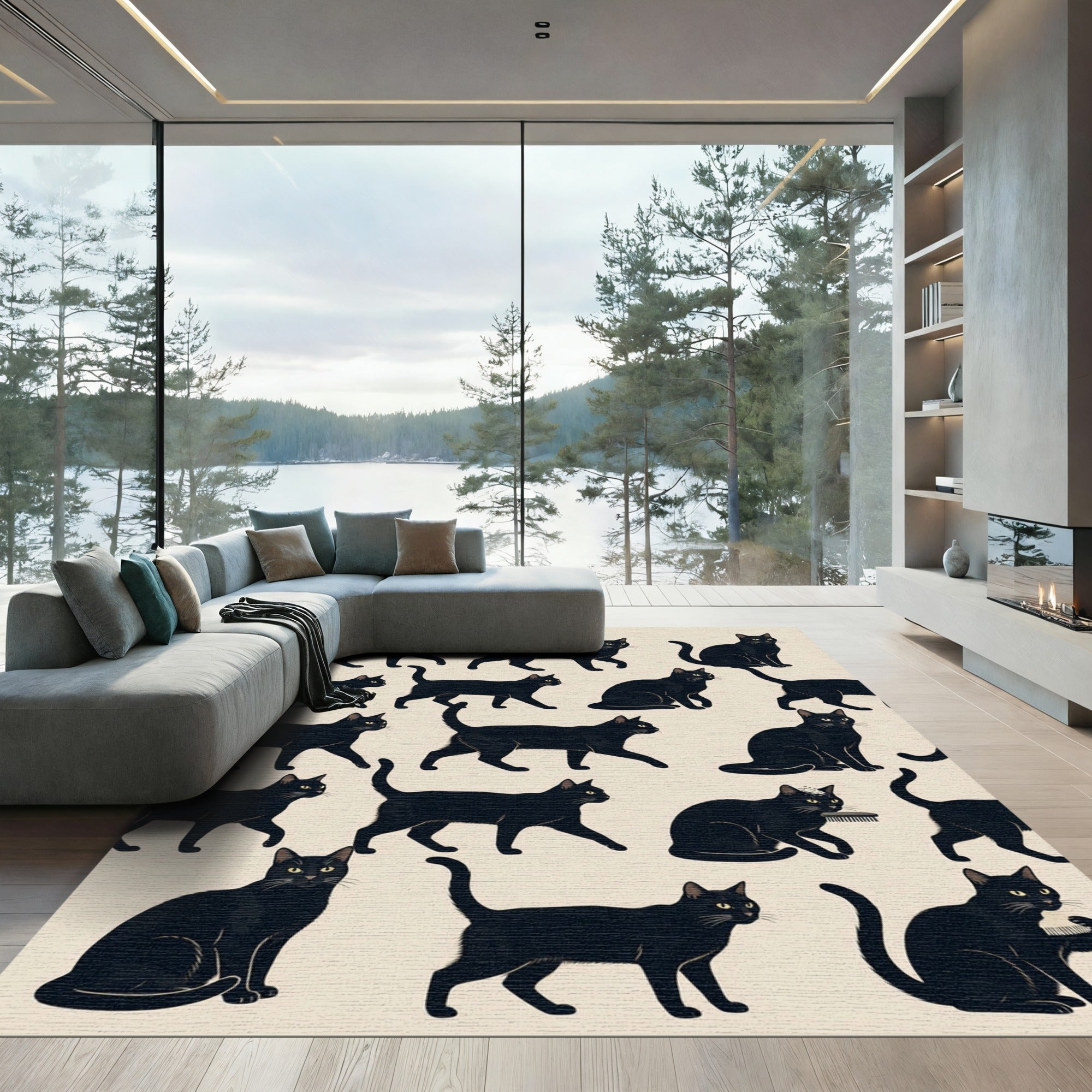 Whimsical Black Cat Silhouette Illustrated Rug