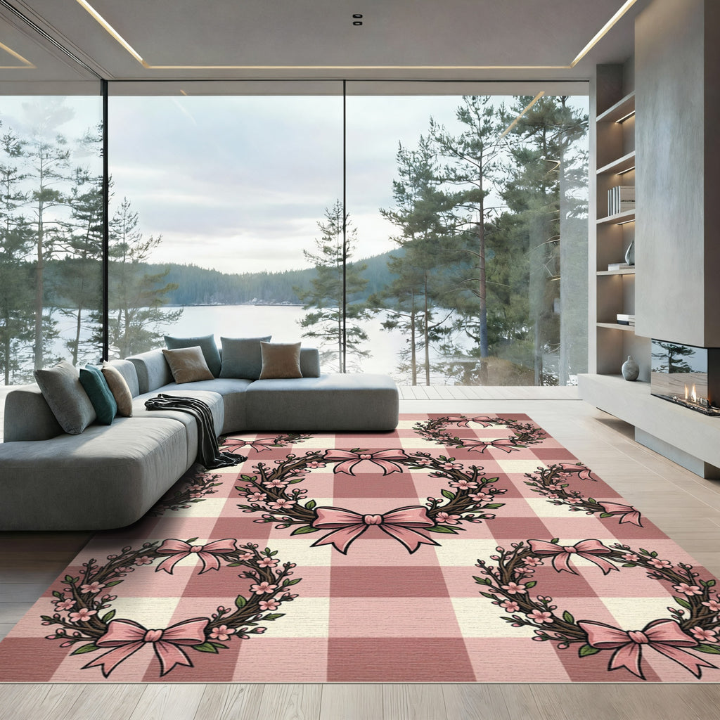 Blush Pink Gingham Cherry Blossom Wreath Rug