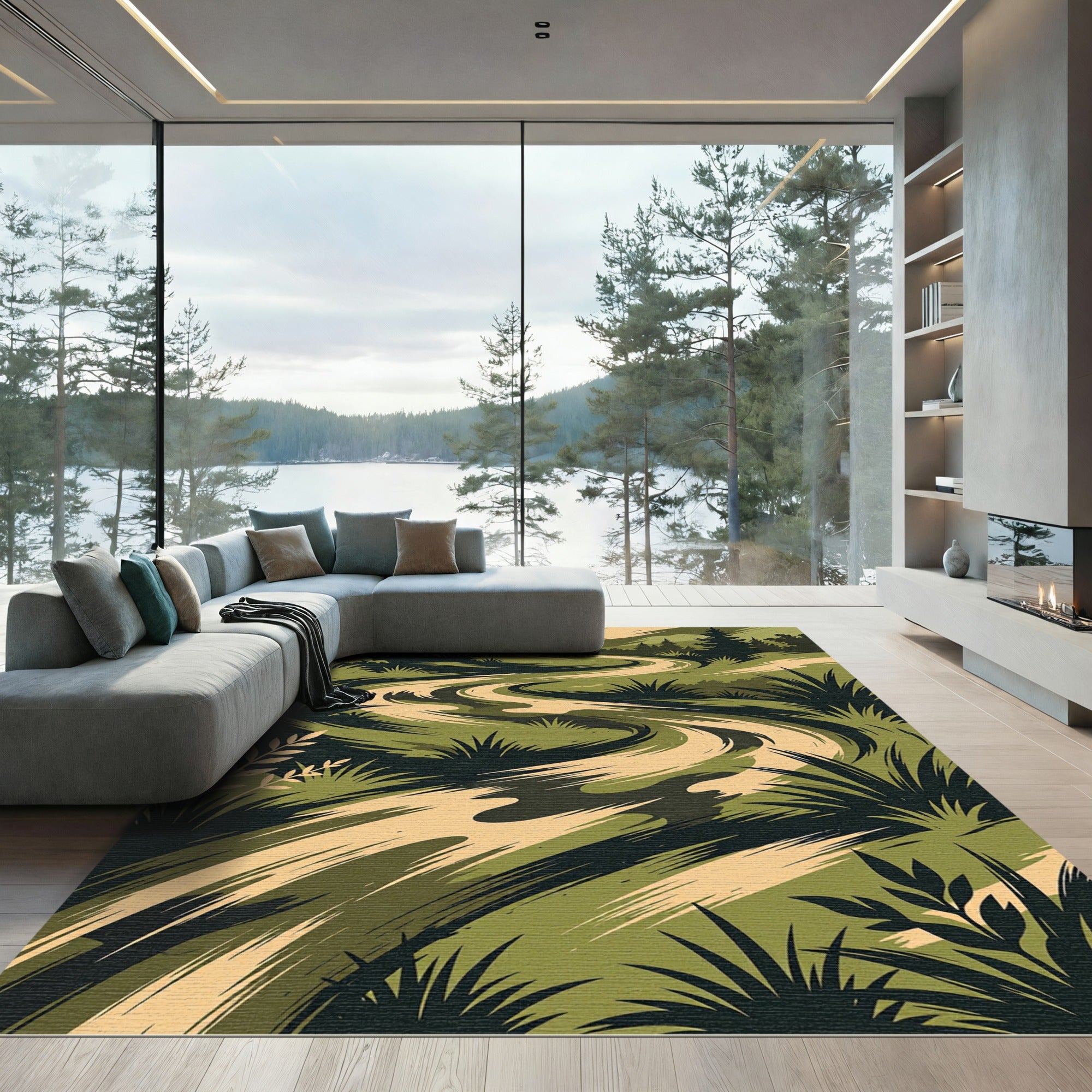 Earthy Green Rolling Landscape Abstract Rug