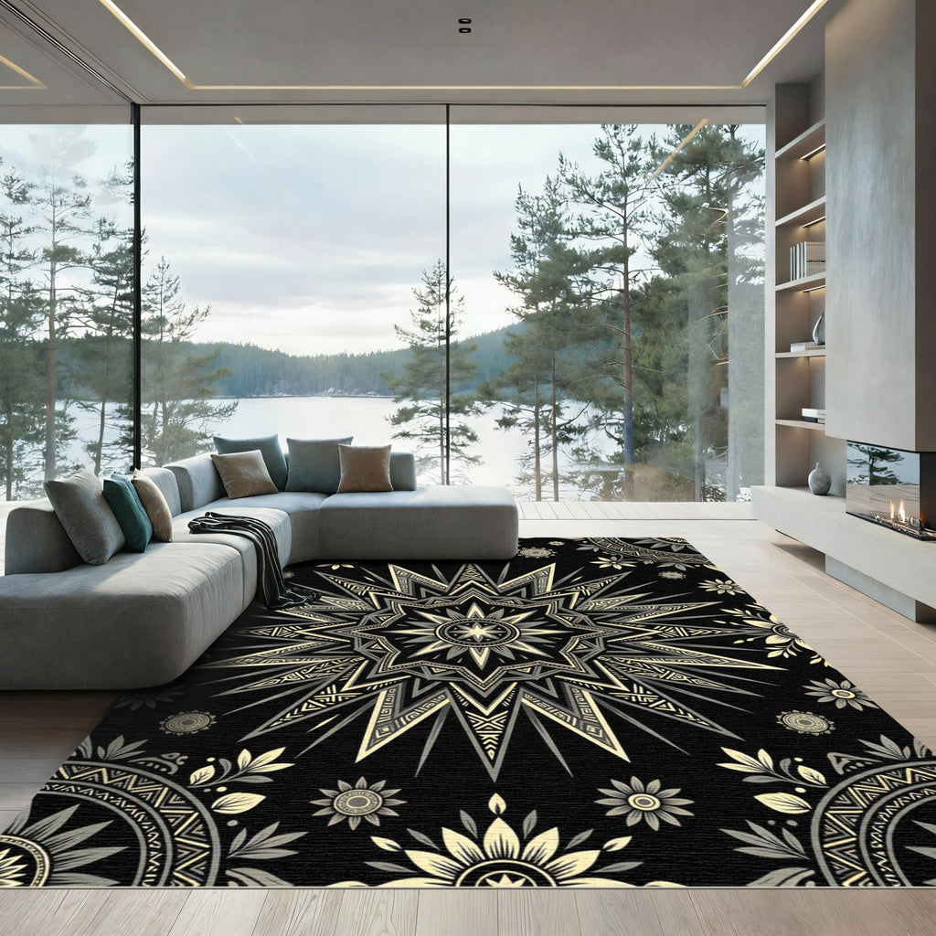 Celestial Monochrome Starburst Floral Geometric Rug
