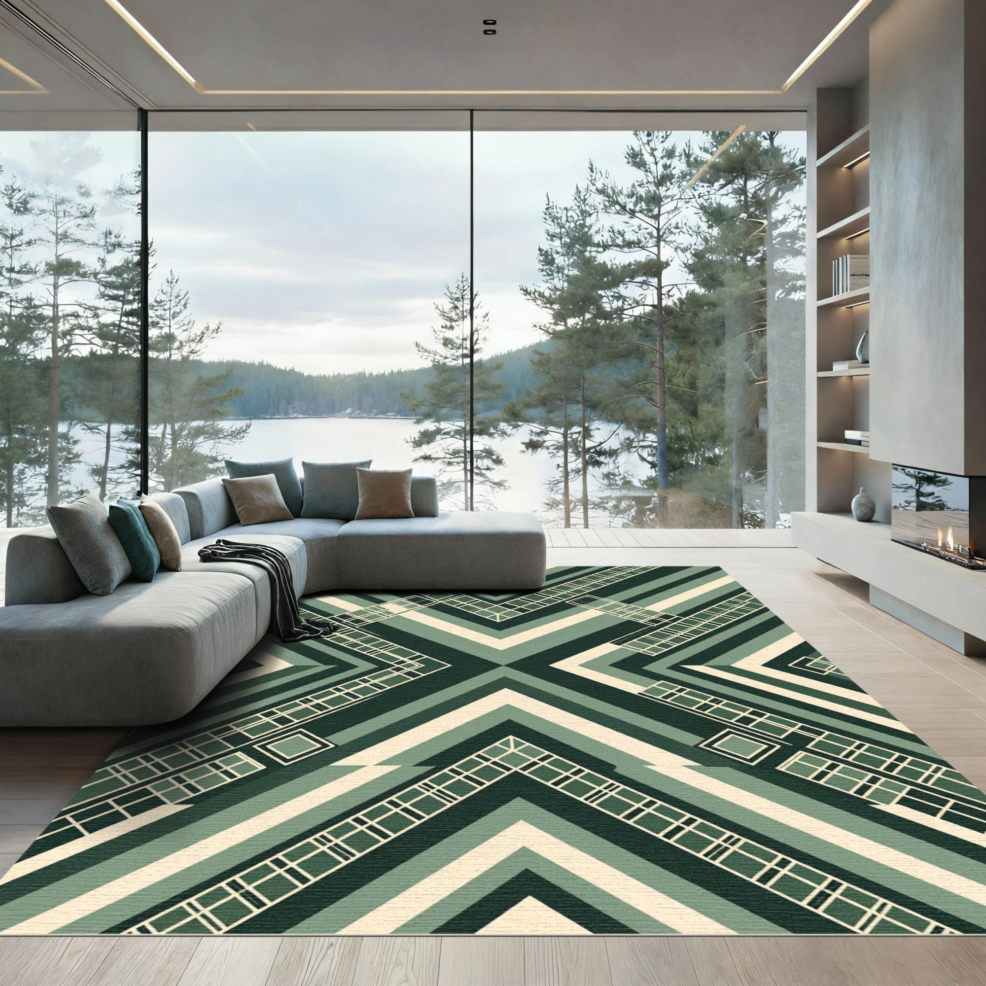 Geometric Forest Green Angular Grid Art Rug