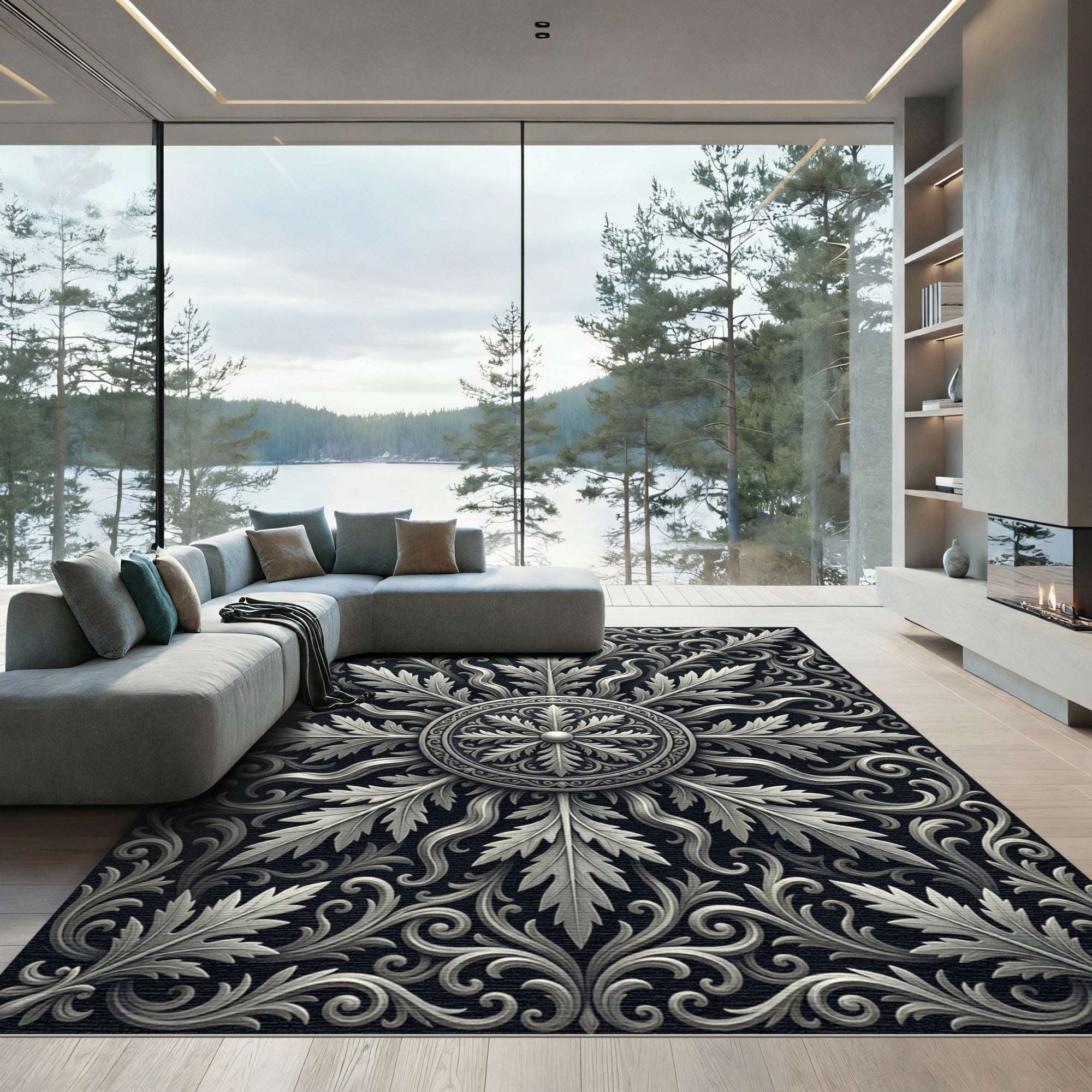 Ornate Silver Acanthus Scrollwork Rug