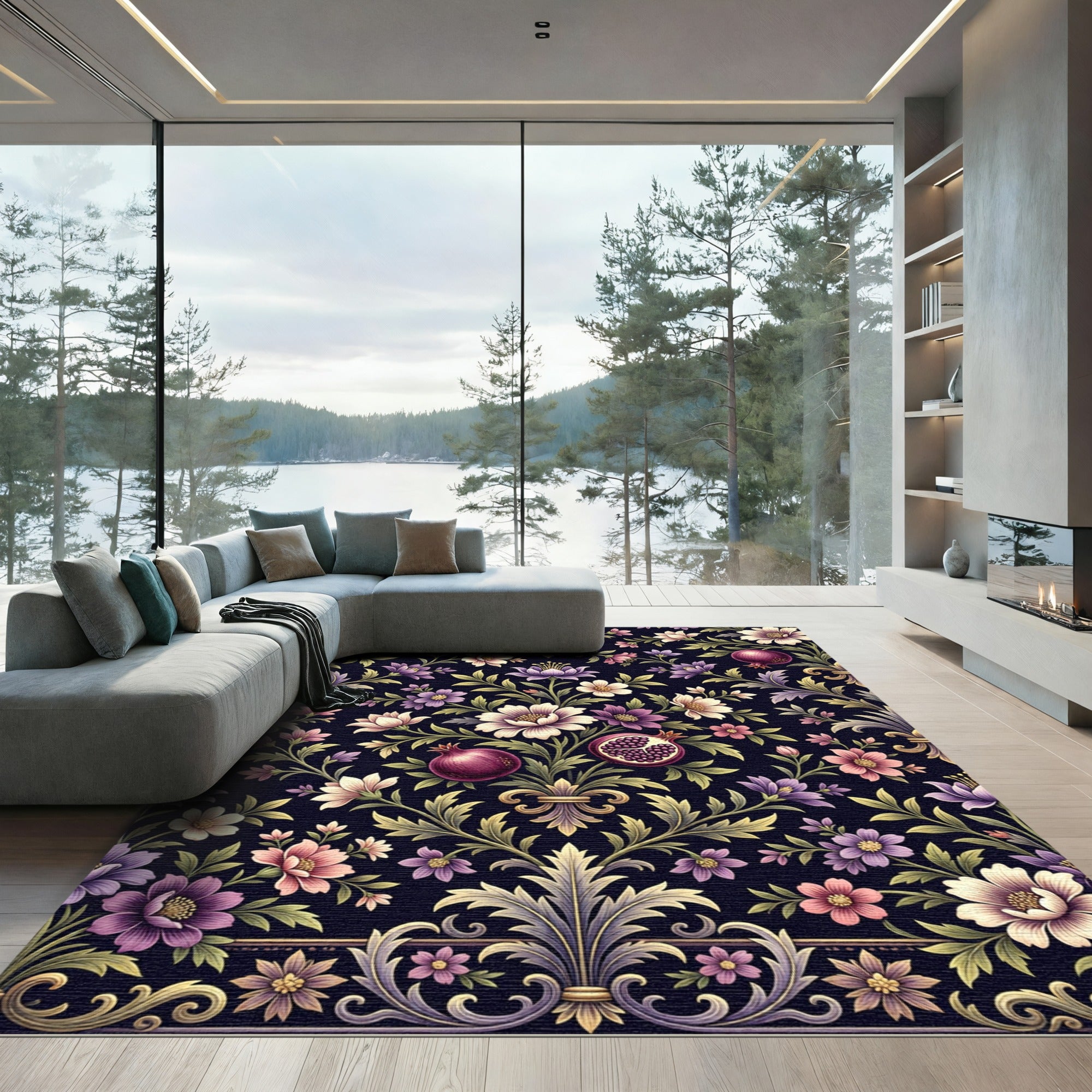 Rich Pomegranate Floral Tapestry Rug