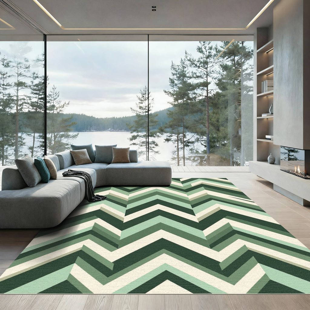 Modern Sage Green Geometric Zigzag Rug