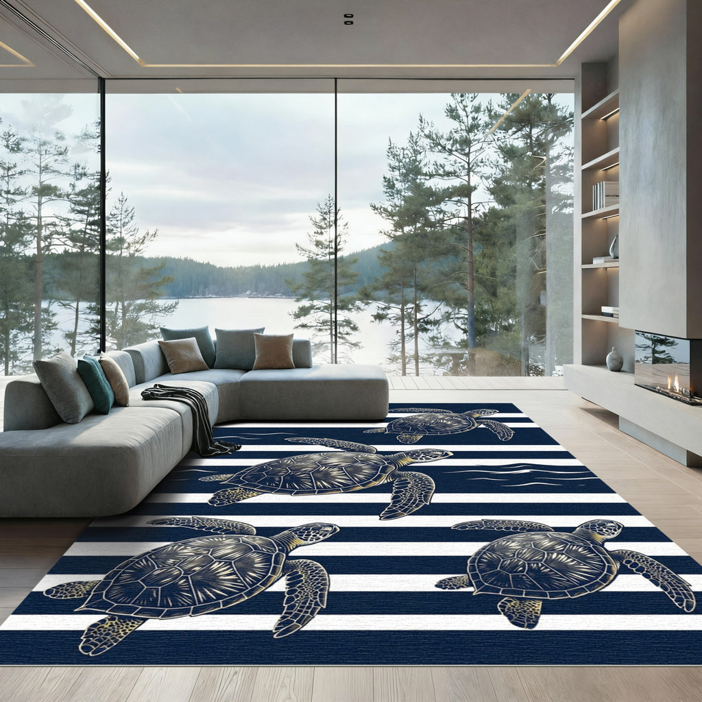Navy Blue Striped Sea Turtle Art Rug