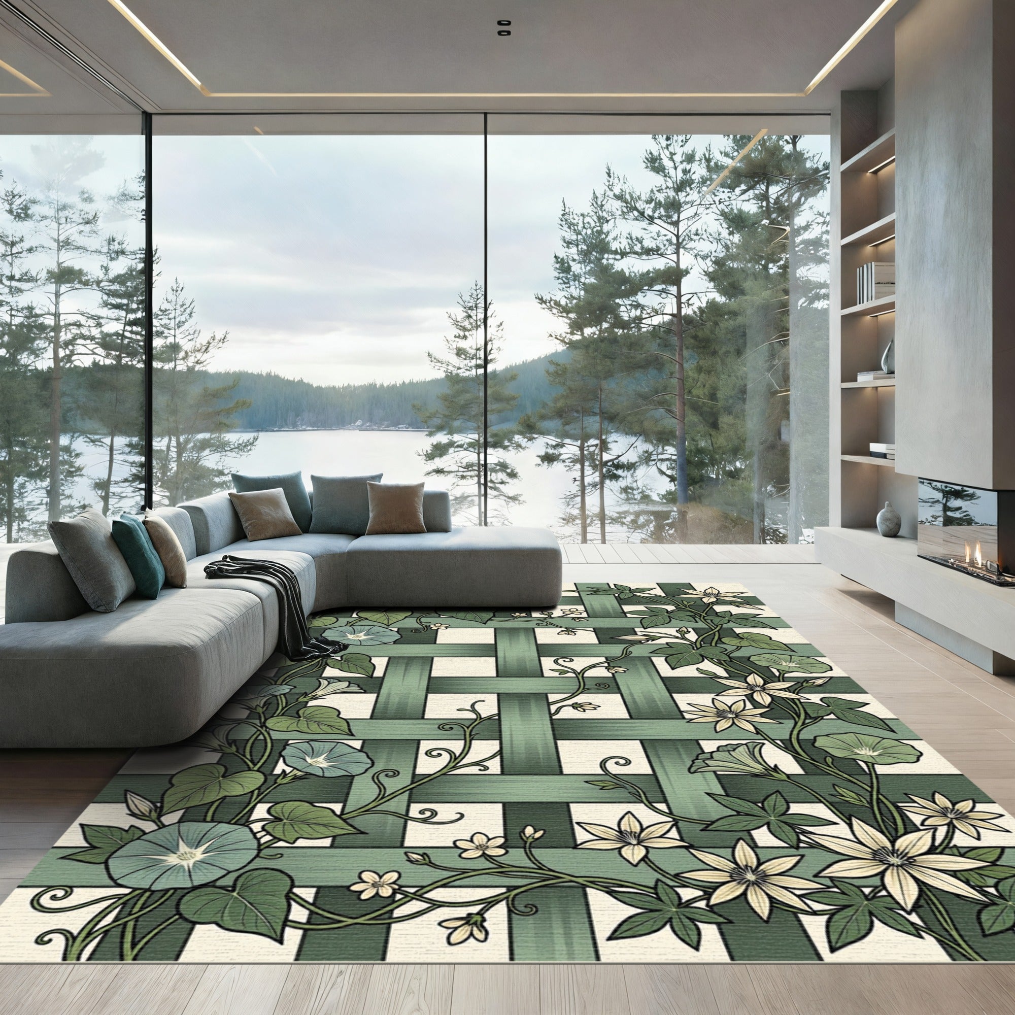 Sage Botanical Lattice Ivy Morning Glory Rug