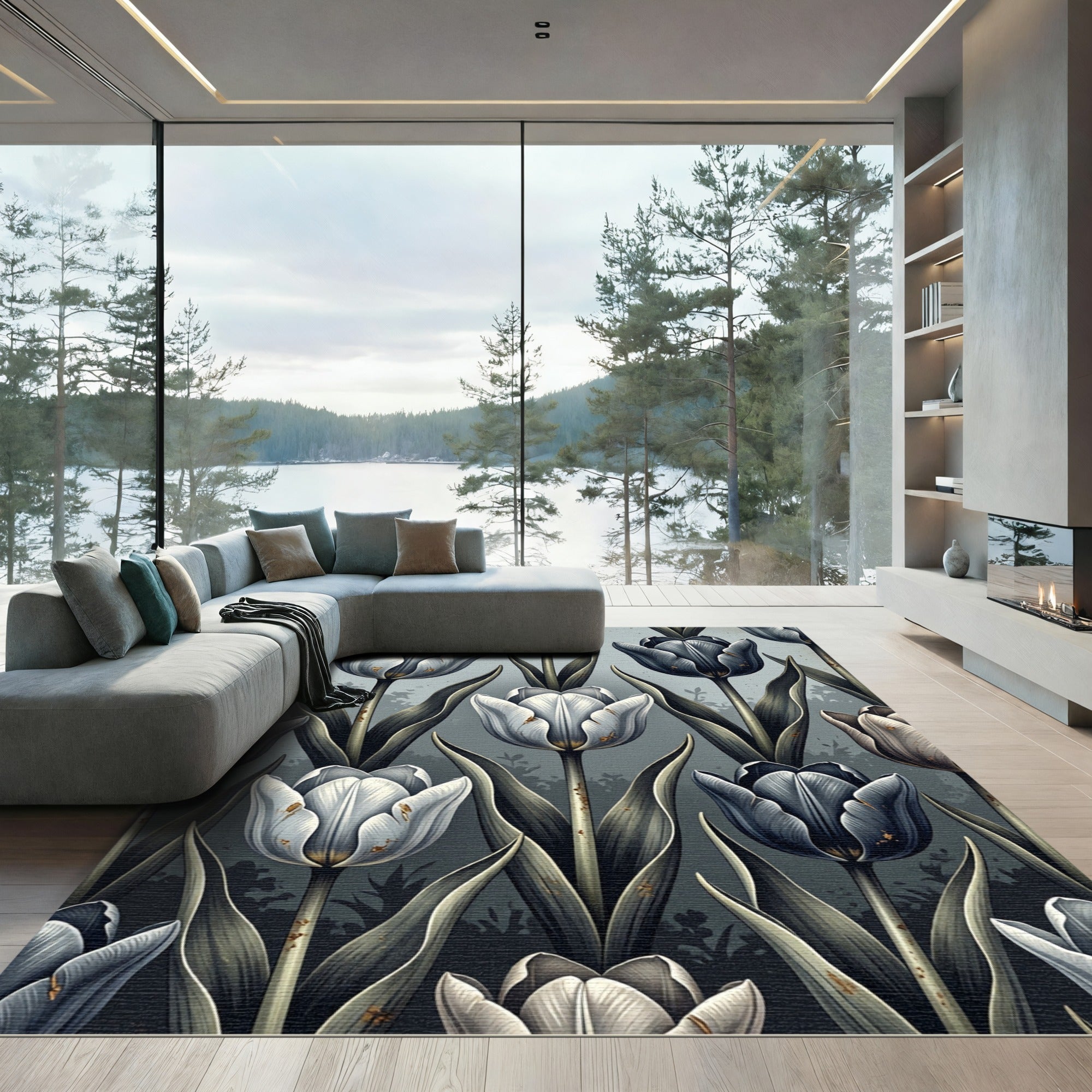 Dark Gray White Tulip Floral Arrangement Rug