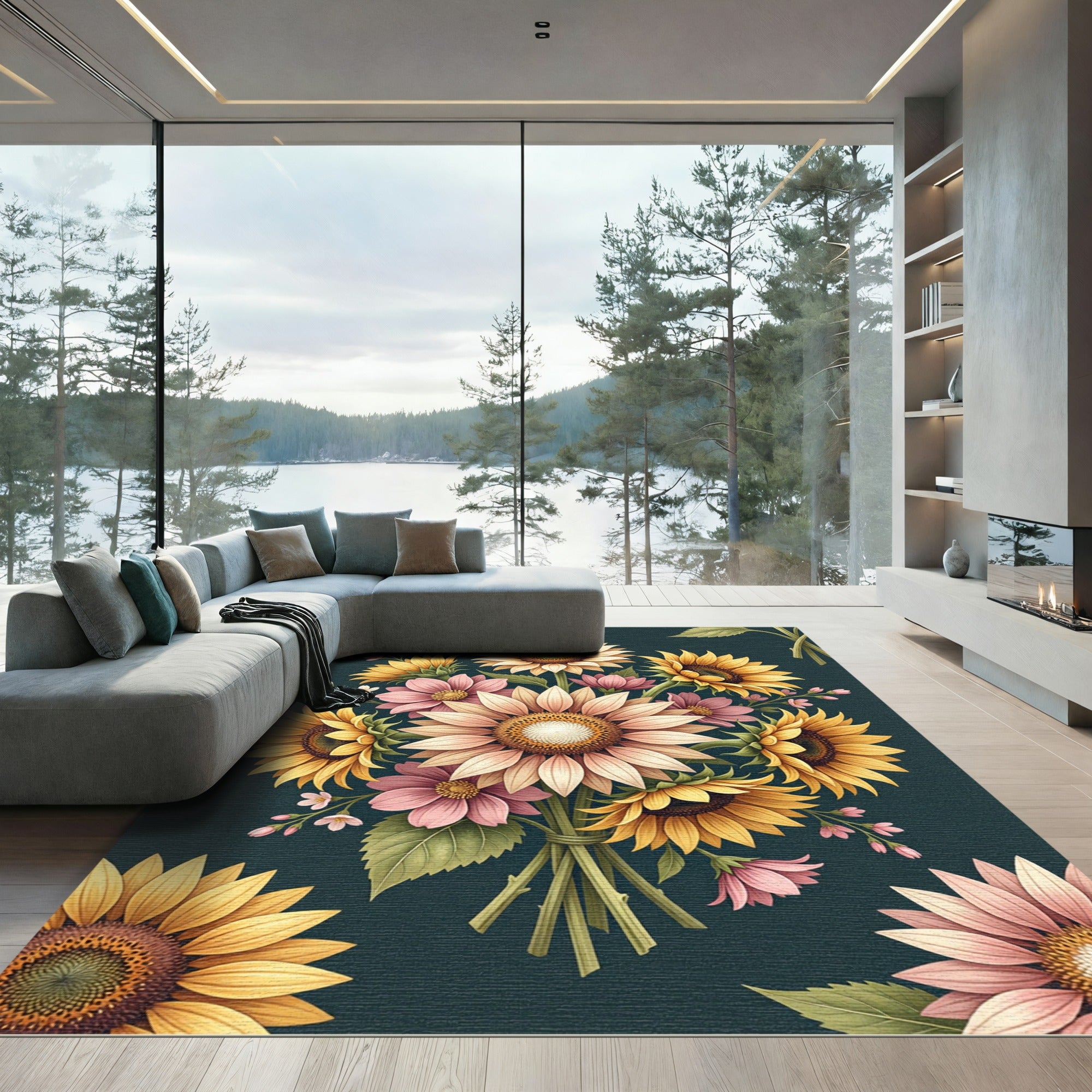 Vibrant Sunflower and Pink Blossom Bouquet Rug