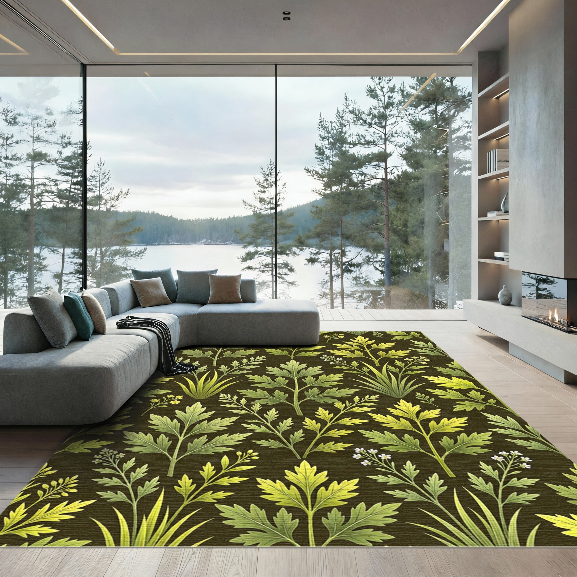 Green Leafy Botanical Floral Garland Rug