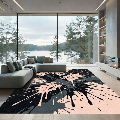 Black and Peach Modern Ink Splatter Rug