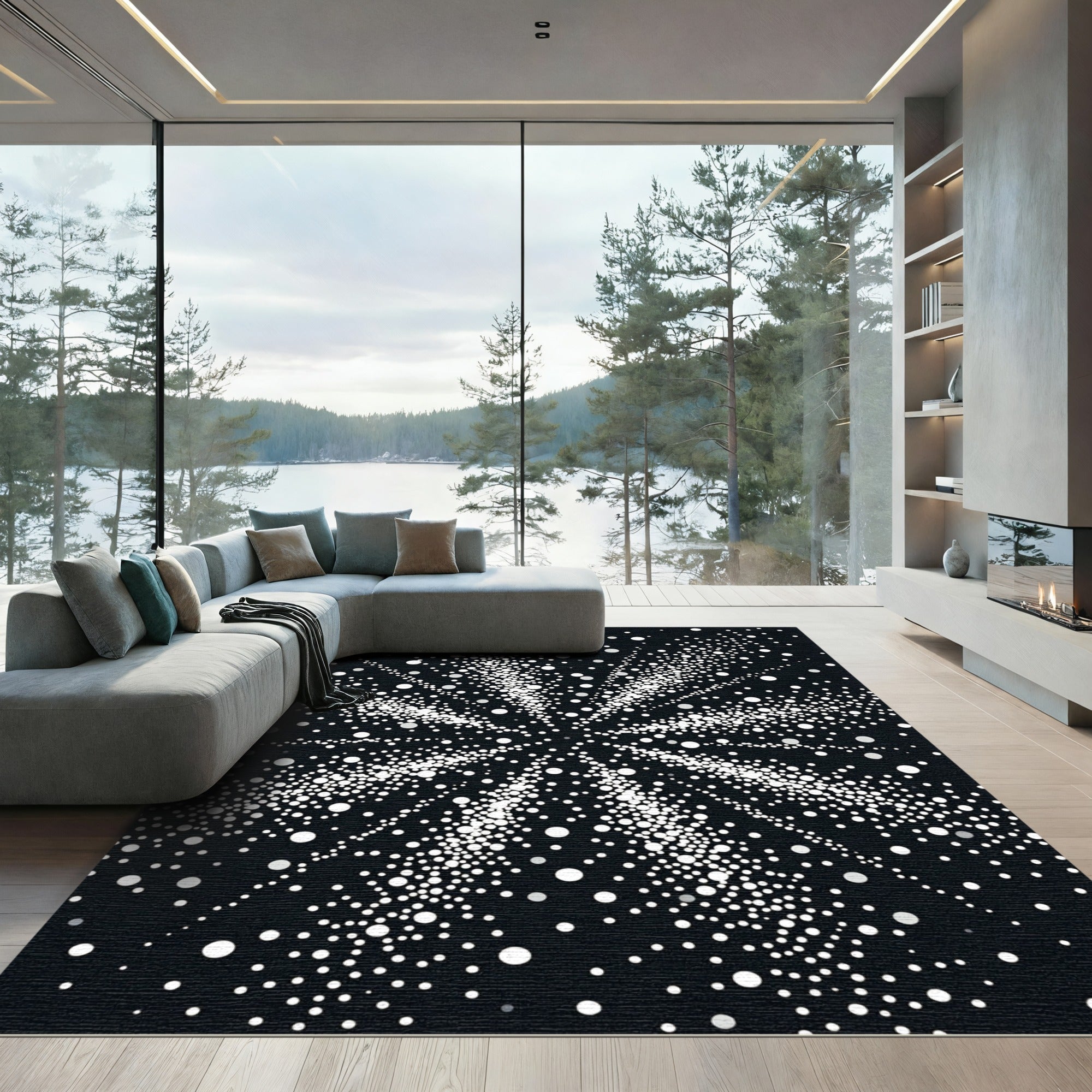 Black White Scattered Dot Explosion Rug