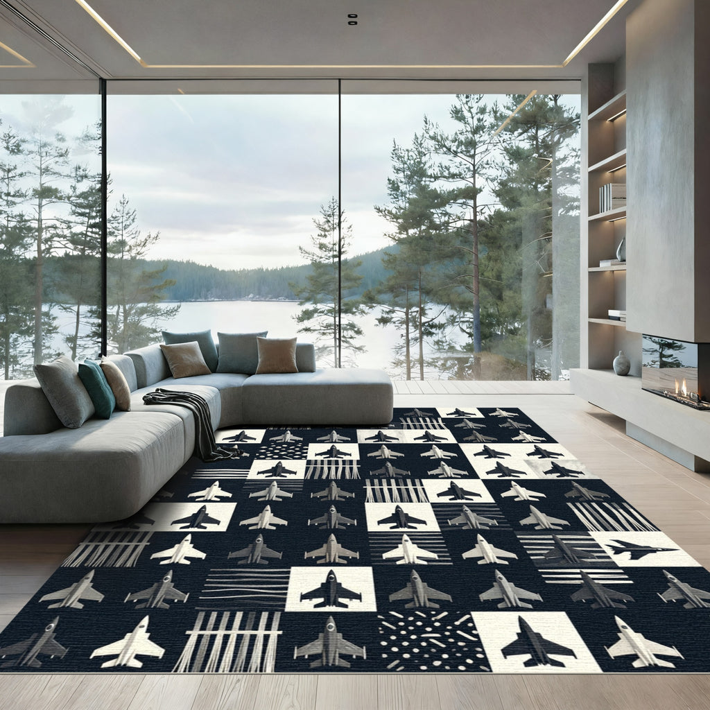 Monochrome Jet Aircraft Geometric Grid Rug