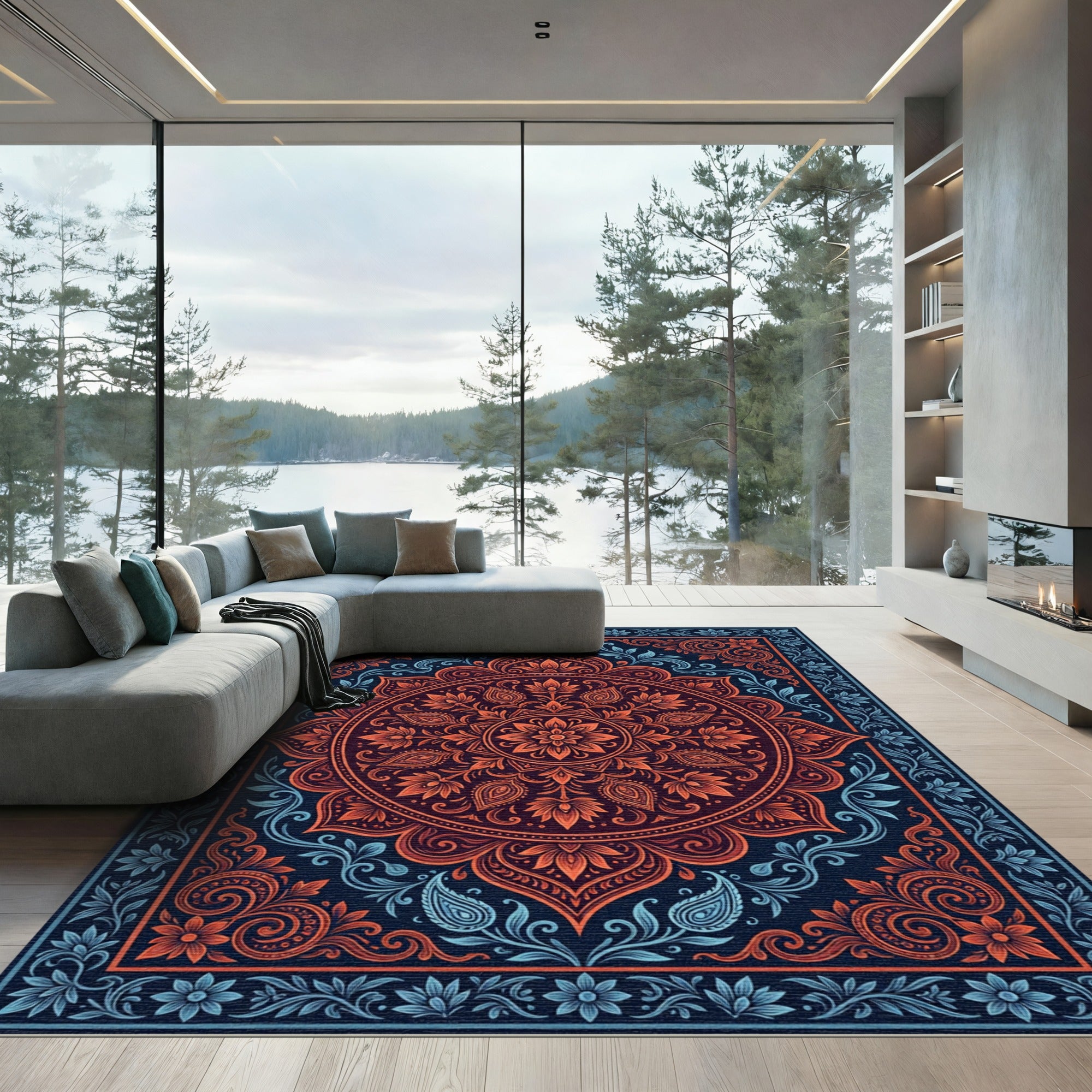 Crimson Blue Floral Medallion Border Rug