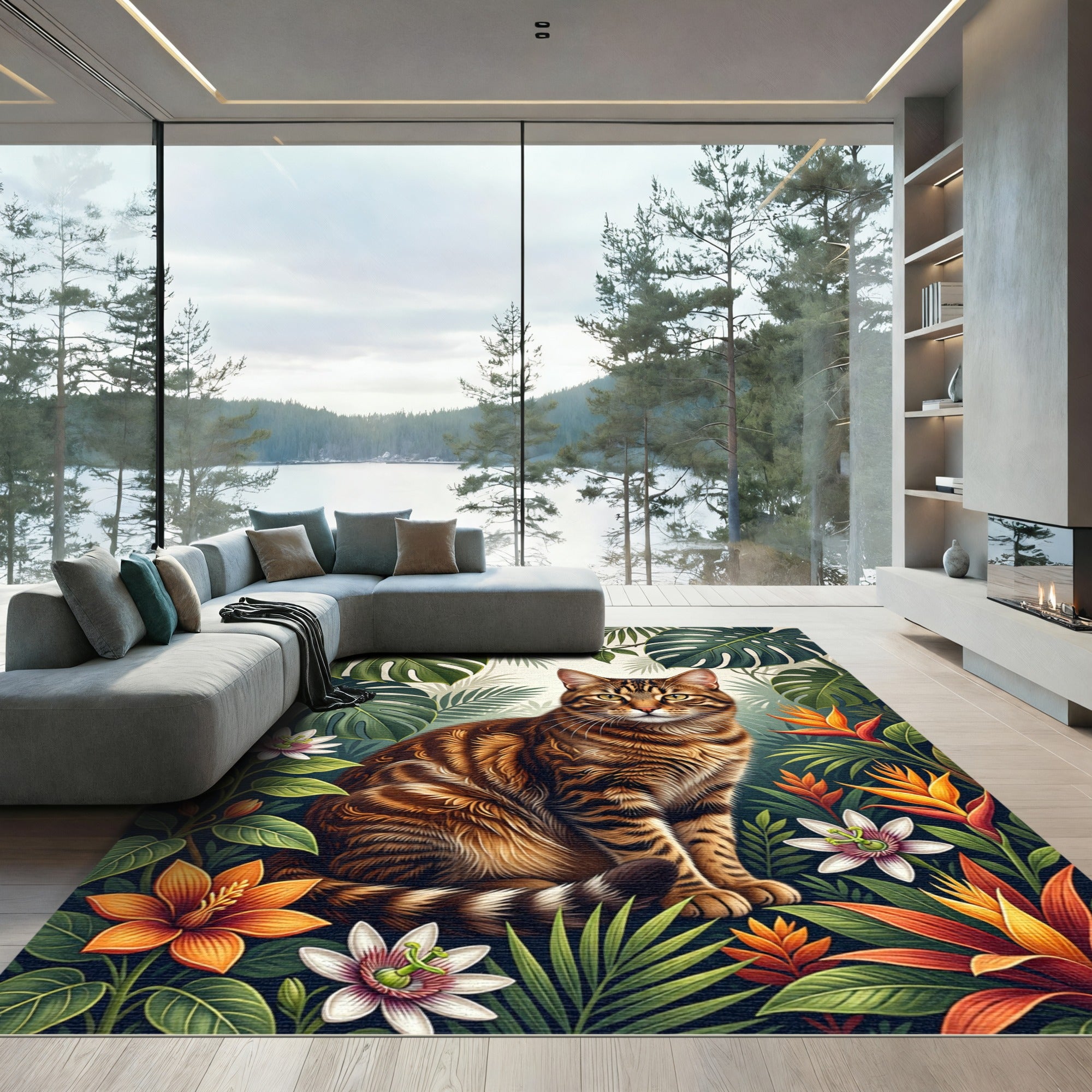 Exotic Jungle Cat Tropical Flora Rug