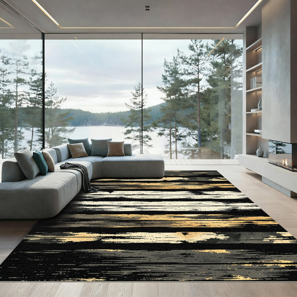 Rustic Gold Black Stripe Texture Rug
