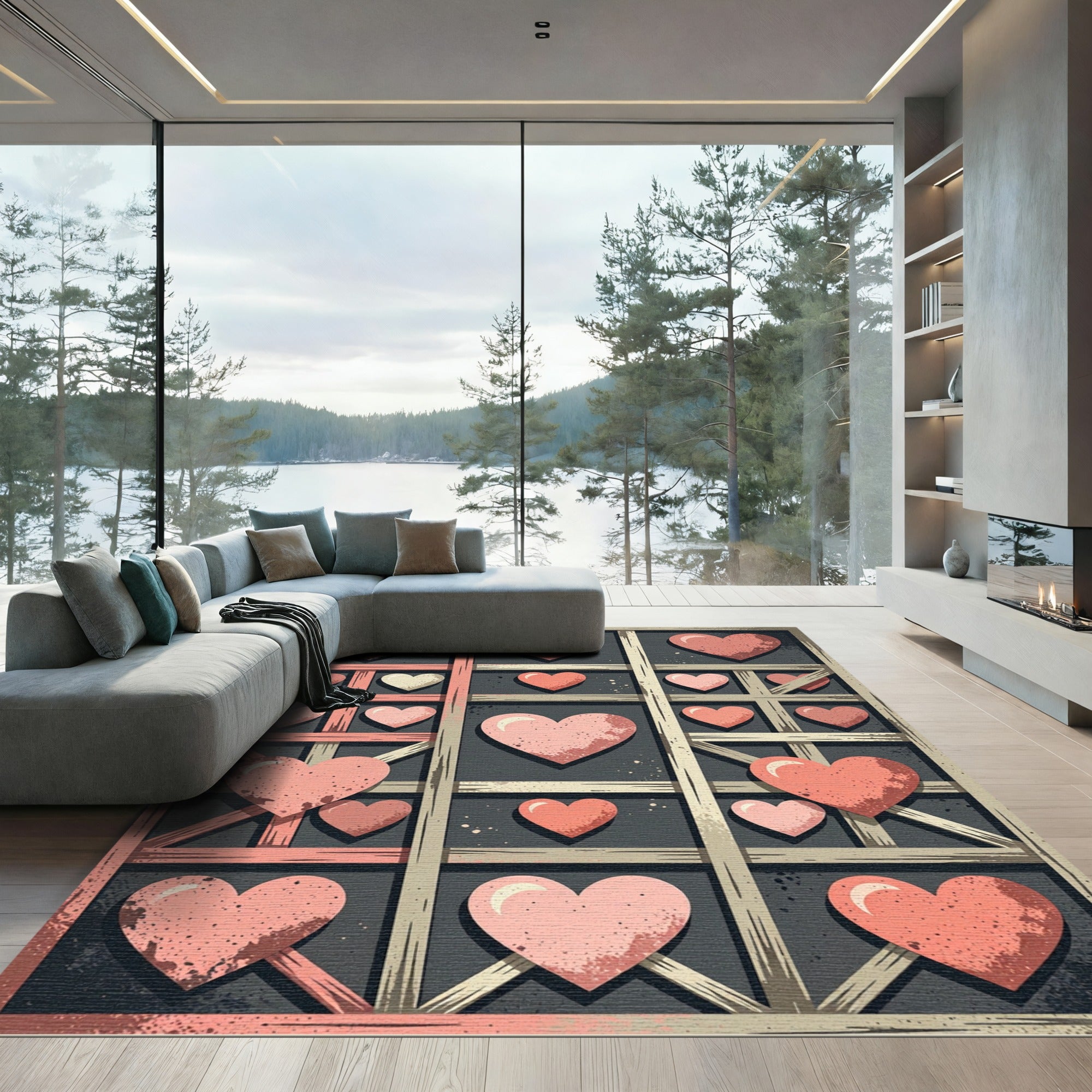 Distressed Pink Heart Grid Illustration Rug
