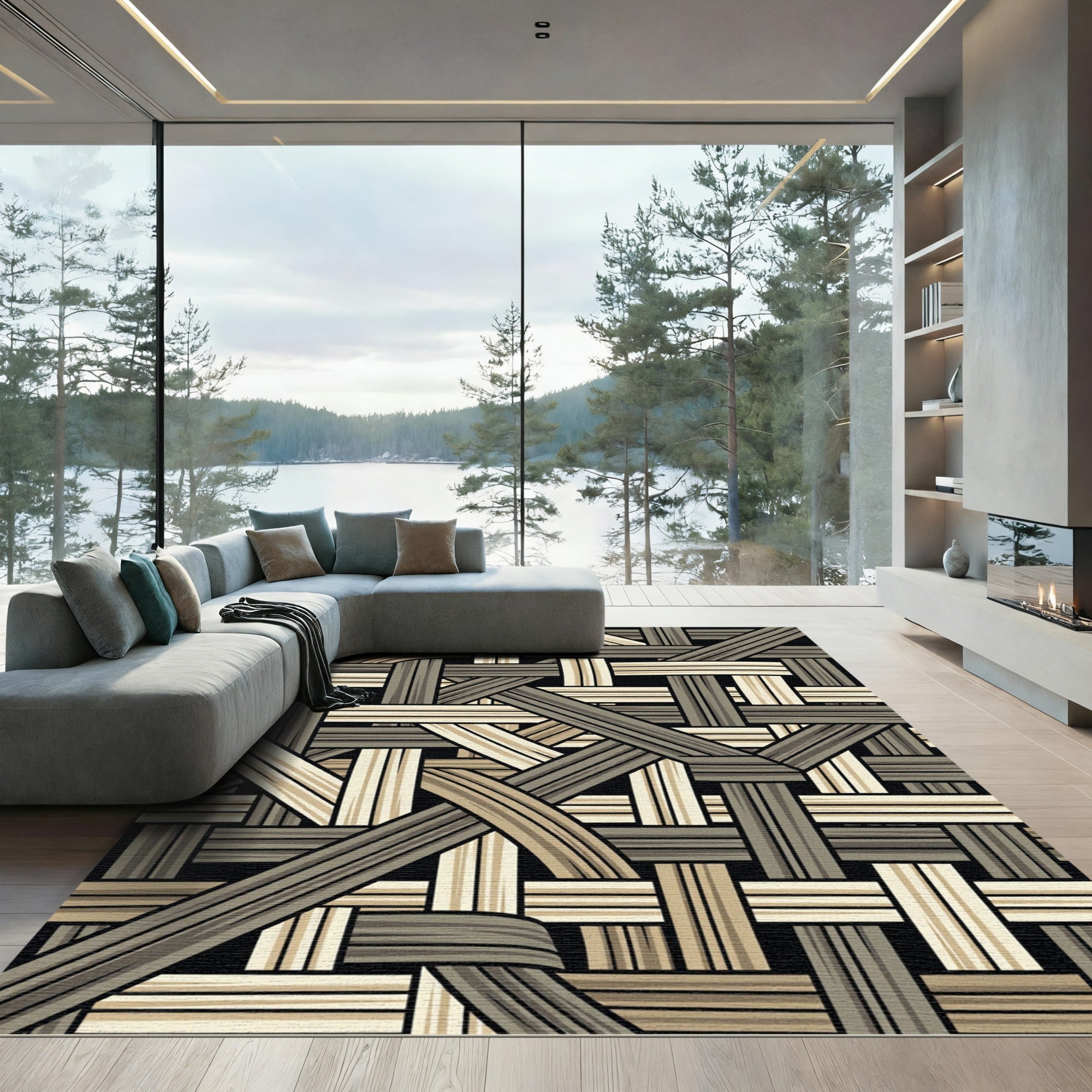 Woven Tan Gray Interlocking Bands Rug