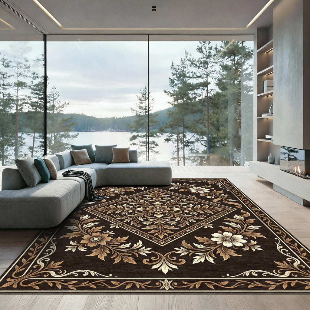 Ornate Chocolate Floral Diamond Damask Rug