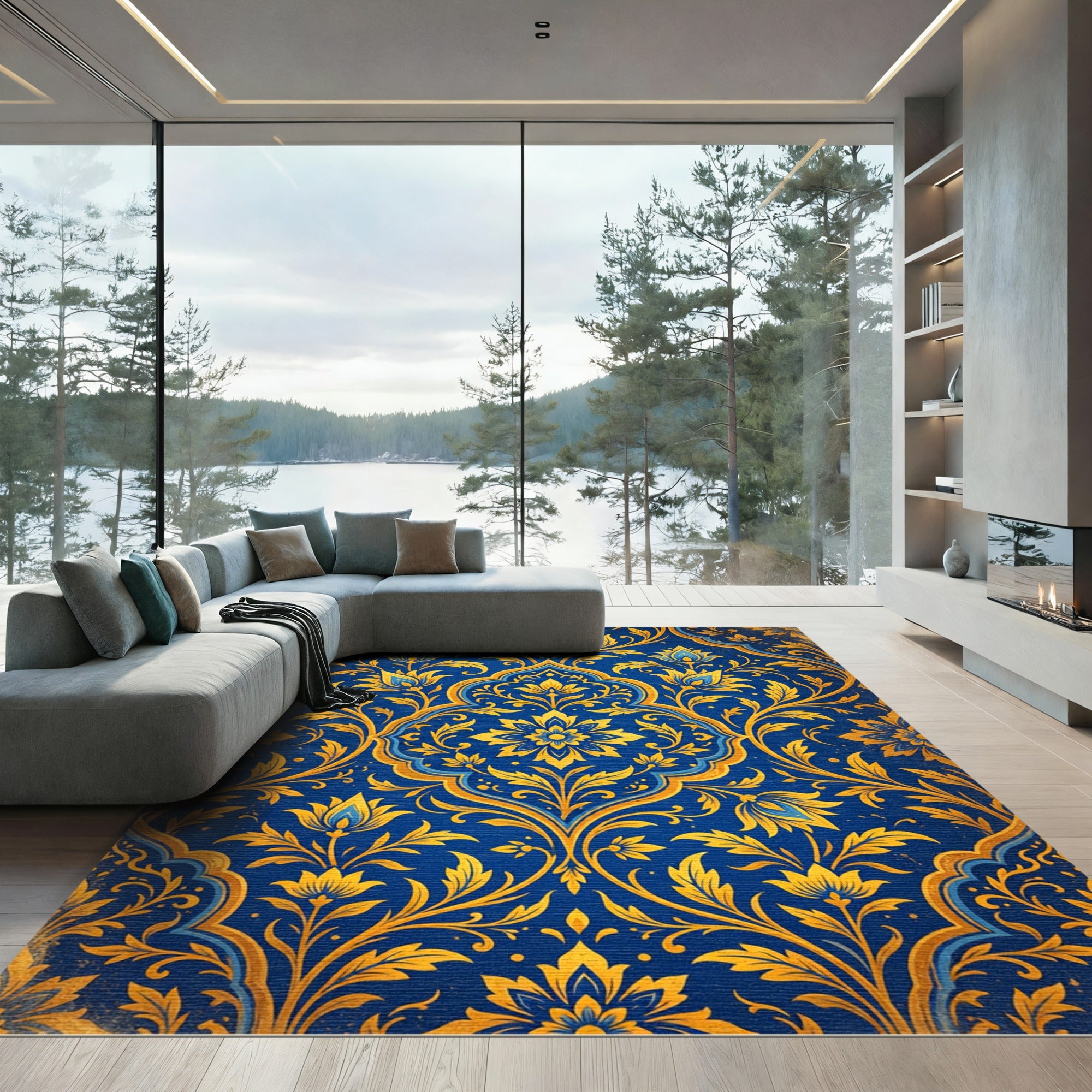 Royal Blue Golden Floral Damask Rug