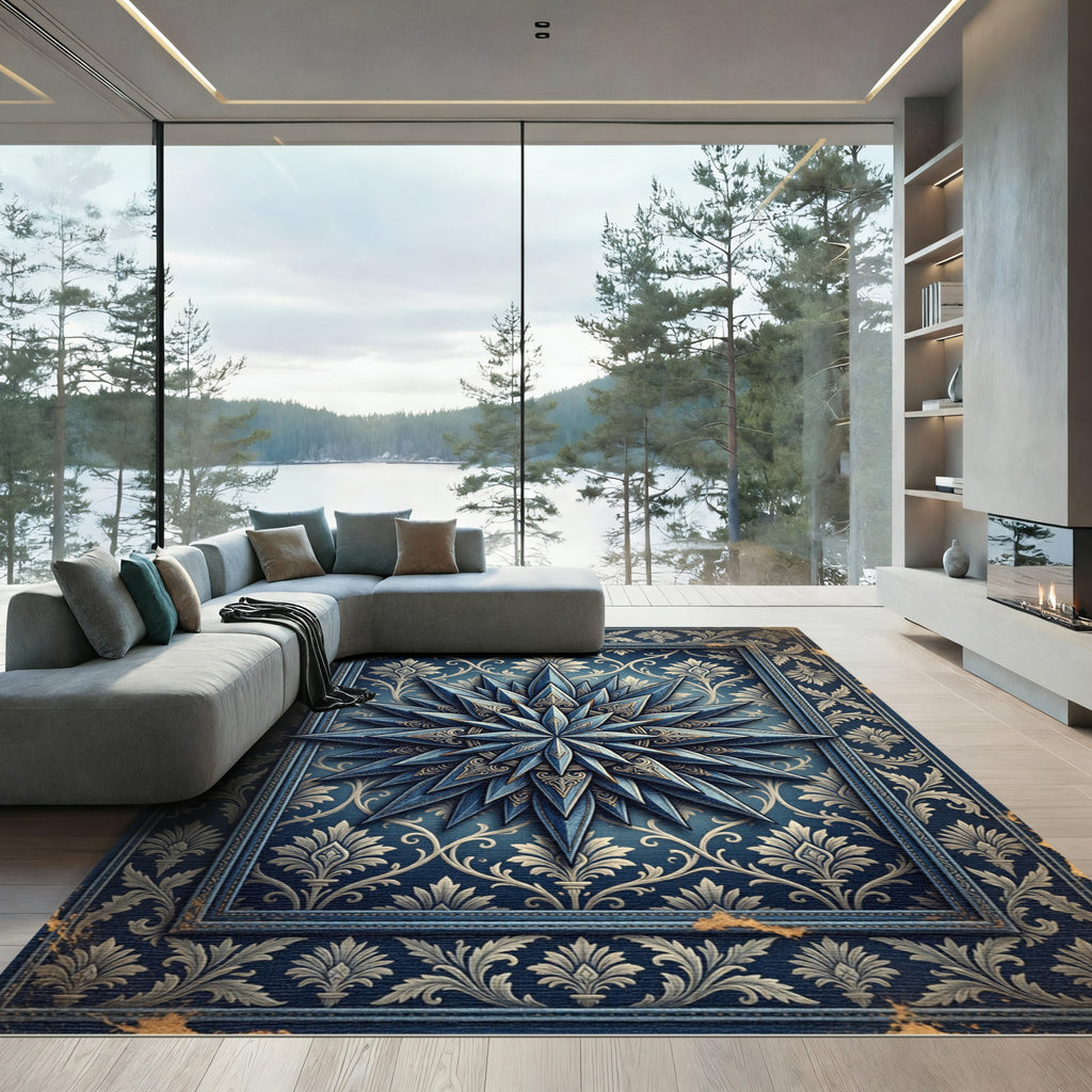 Elegant Navy Celestial Star Medallion Rug