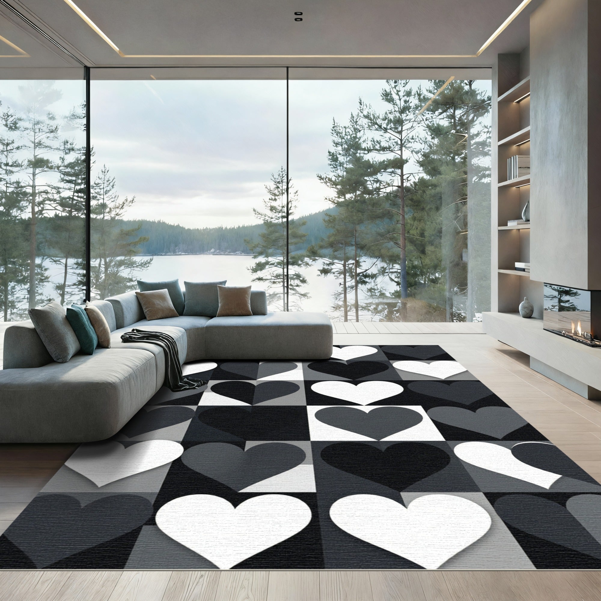 Modern Monochrome Geometric Heart Grid Rug