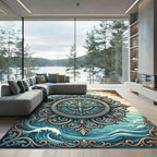 Ornate Teal Compass Nautical Medallion Rug