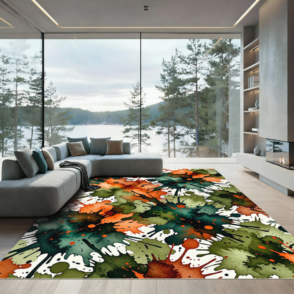 Vibrant Orange Green Splatter Splash Rug