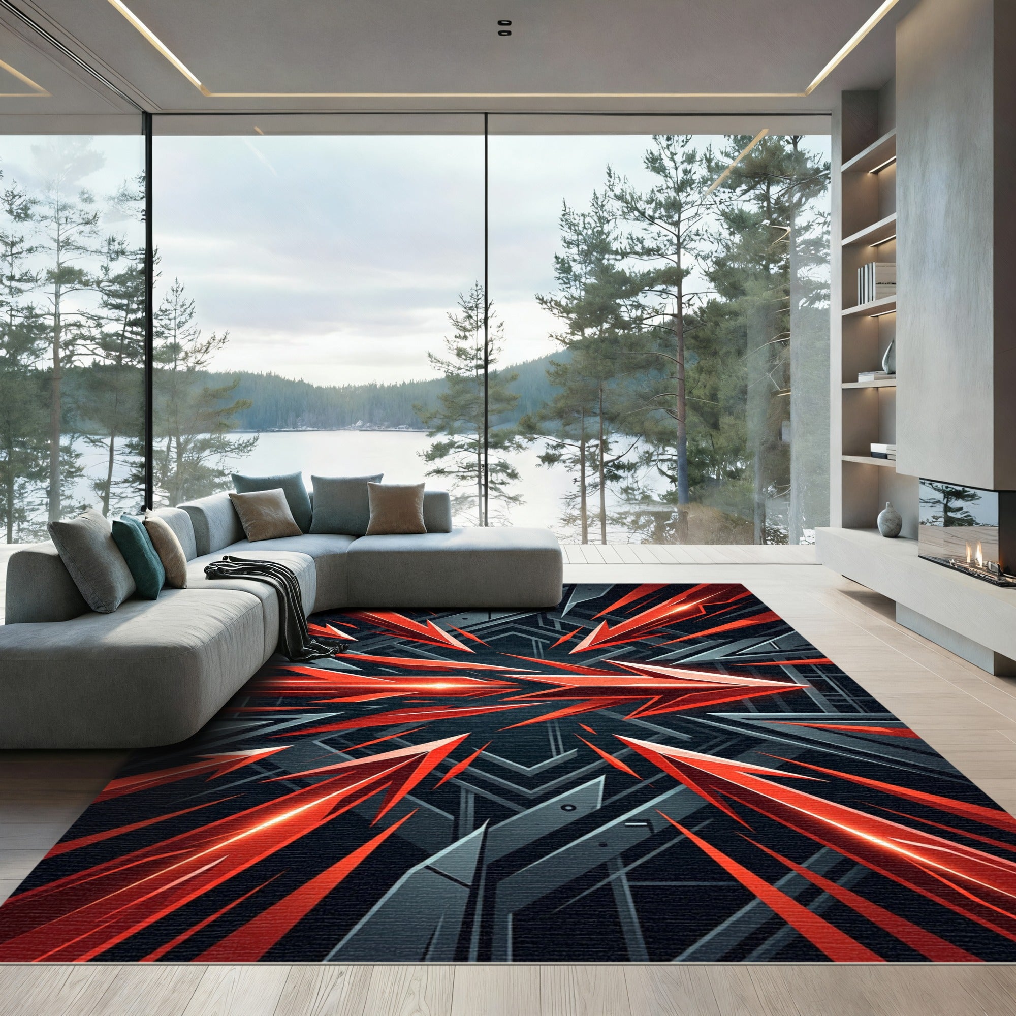 Dynamic Geometric Crimson Arrow Energy Rug