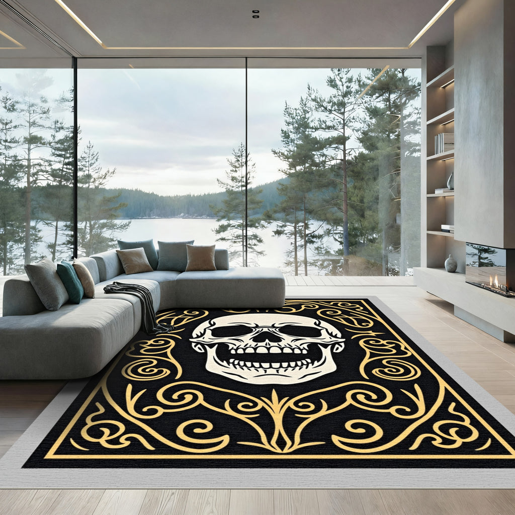 Black Gold Skull Ornamental Flourish Rug