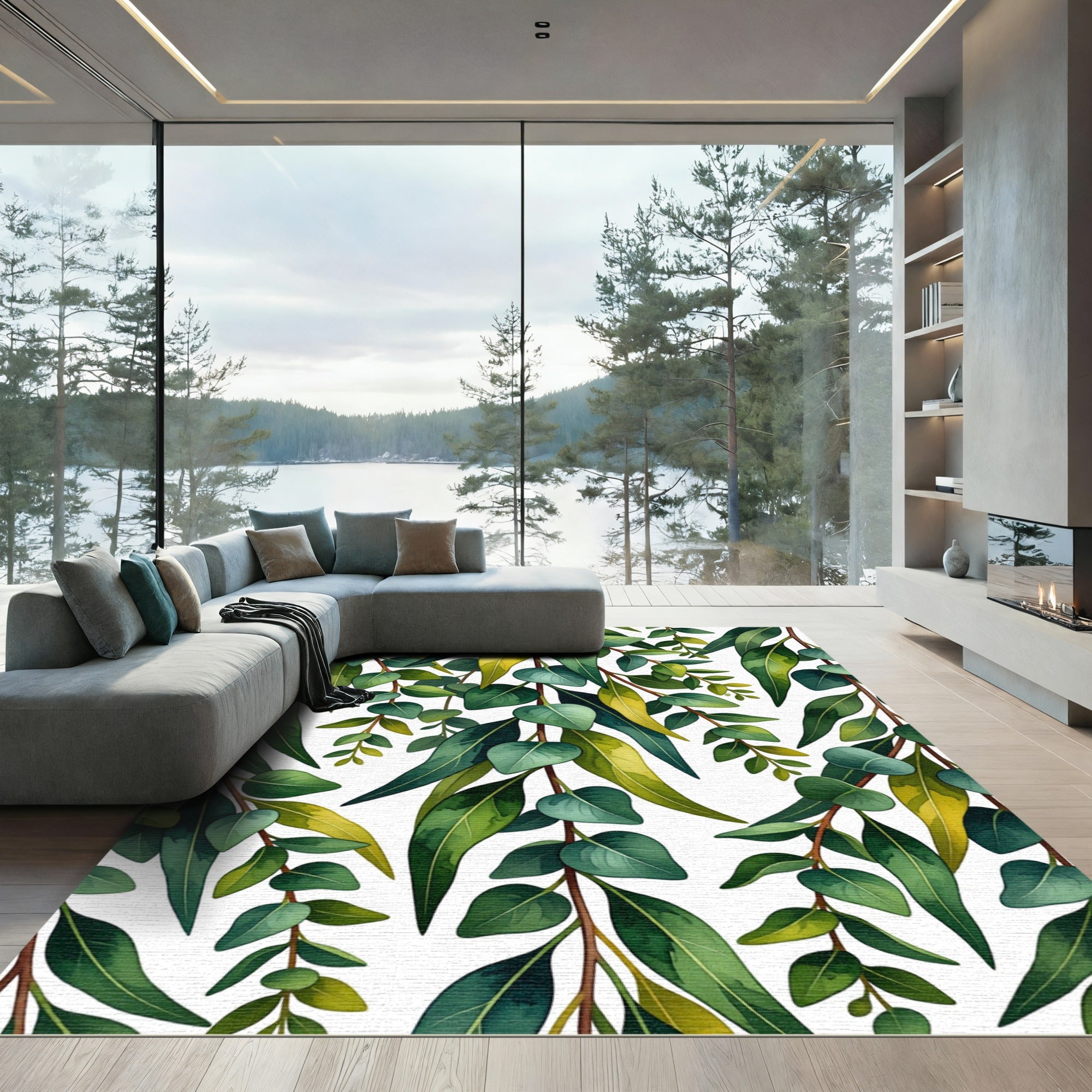 Green Eucalyptus Leaf Branch Pattern Rug