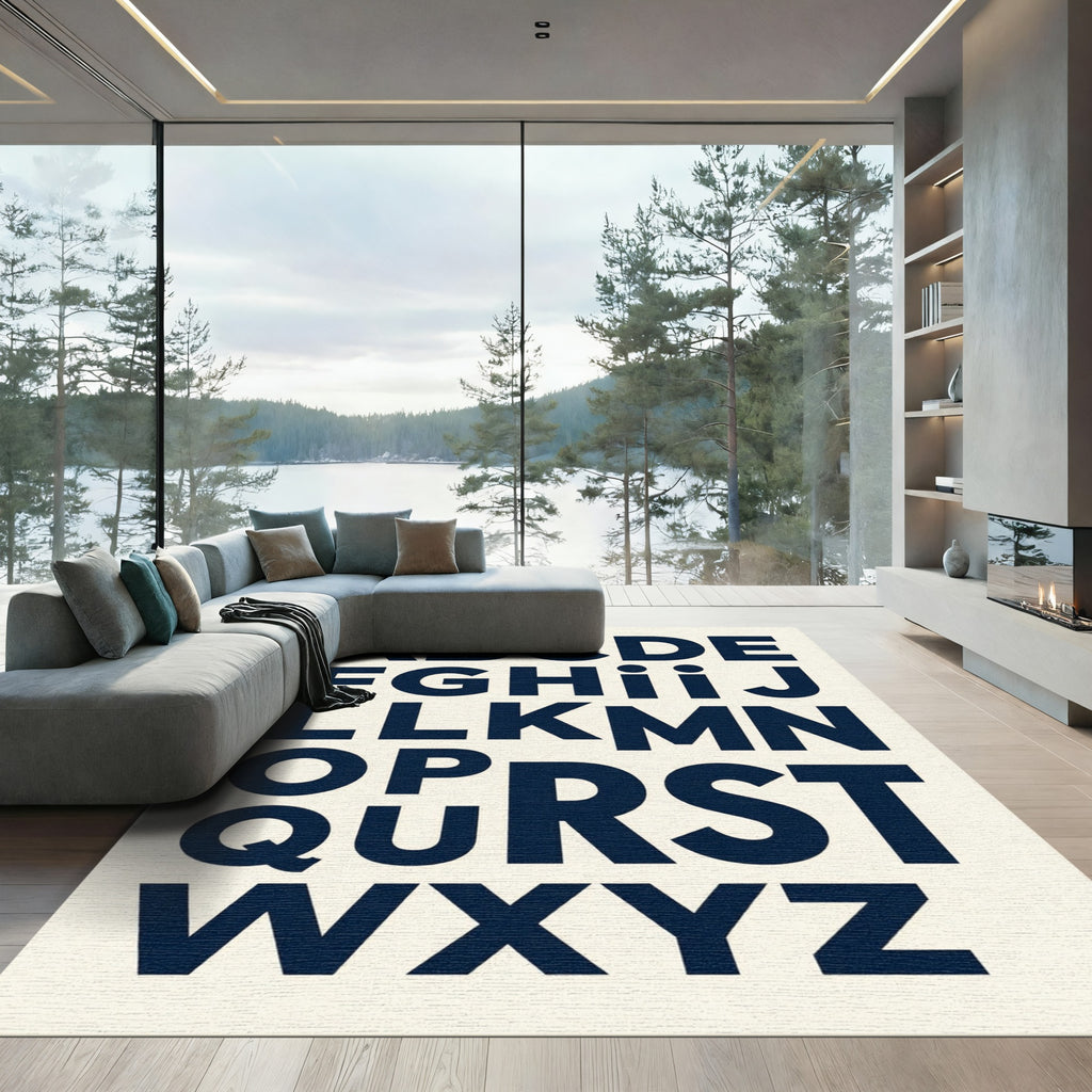 Bold Navy Alphabet Typography Letter Grid Rug