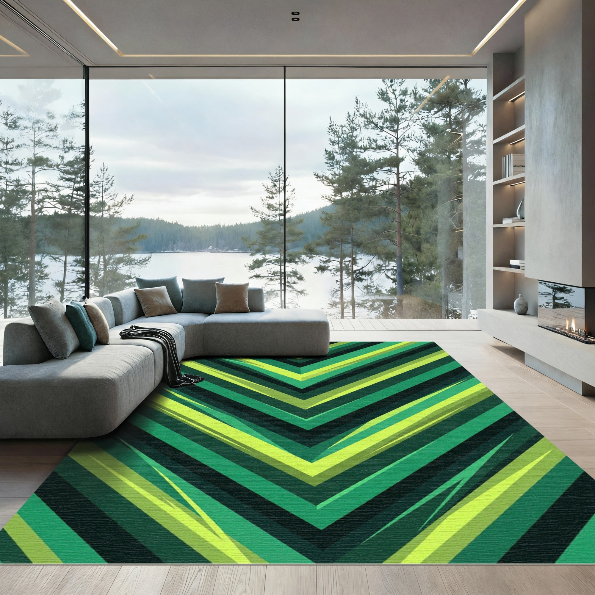 Green Diagonal Stripe Chevron Rug