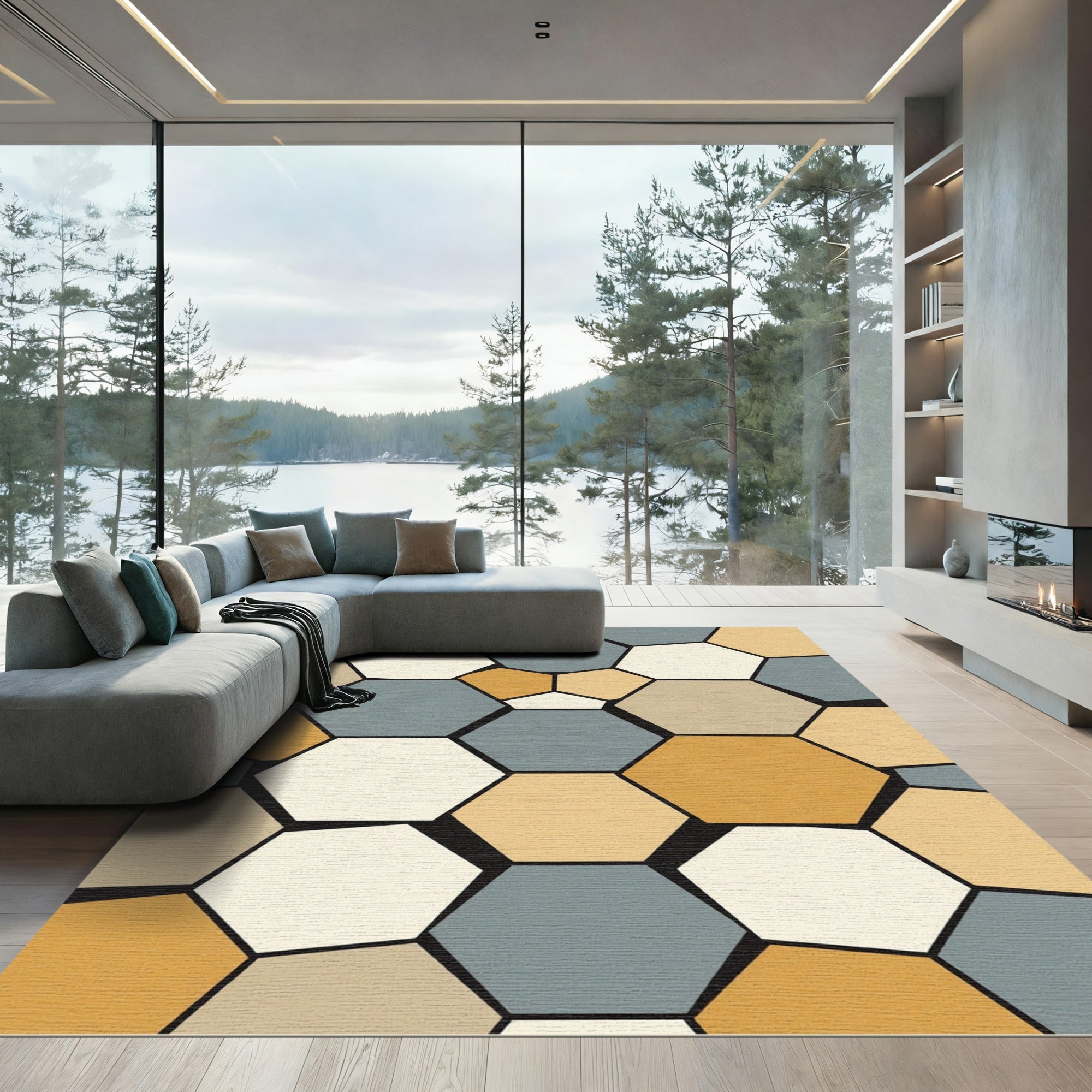 Earthy Geometric Hexagon Mosaic Rug