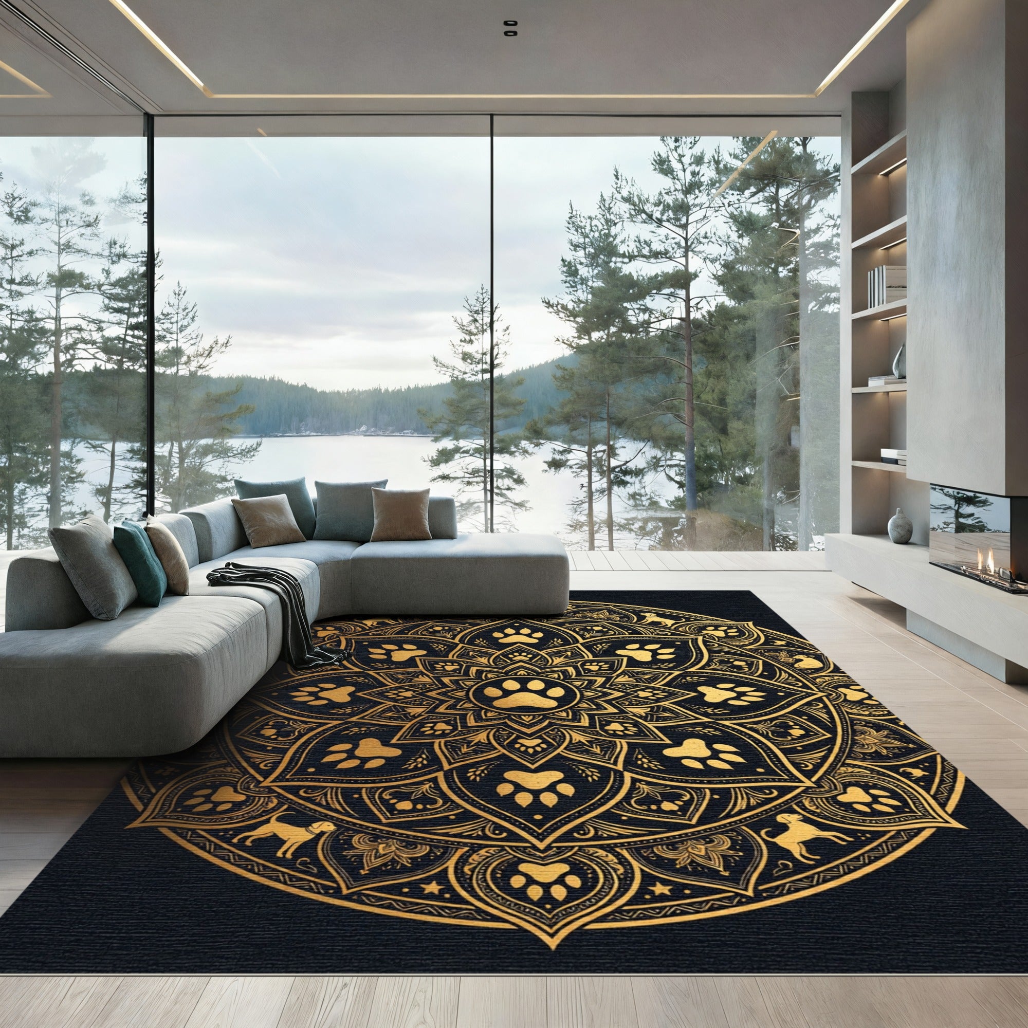 Golden Paw Black Petal Mandala Rug