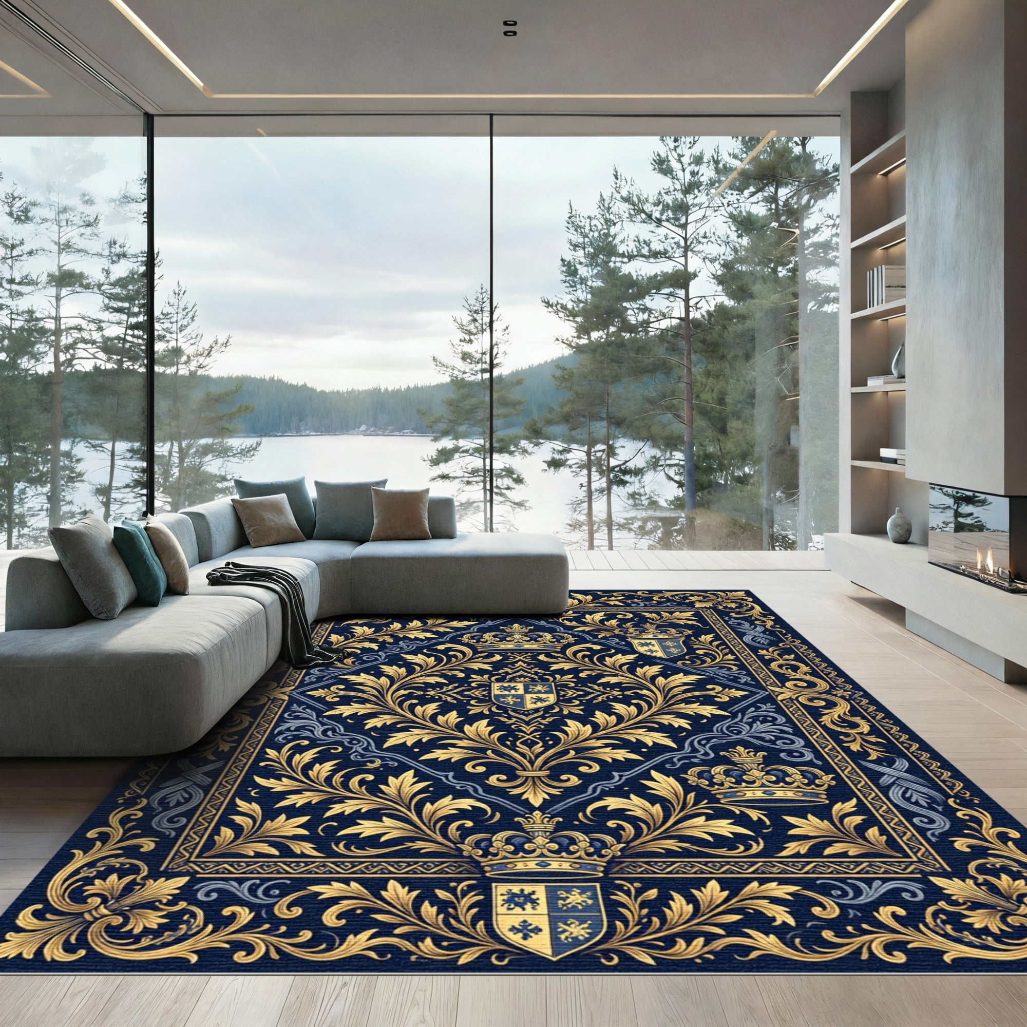 Royal Navy Gold Ornamental Crown Tapestry Rug
