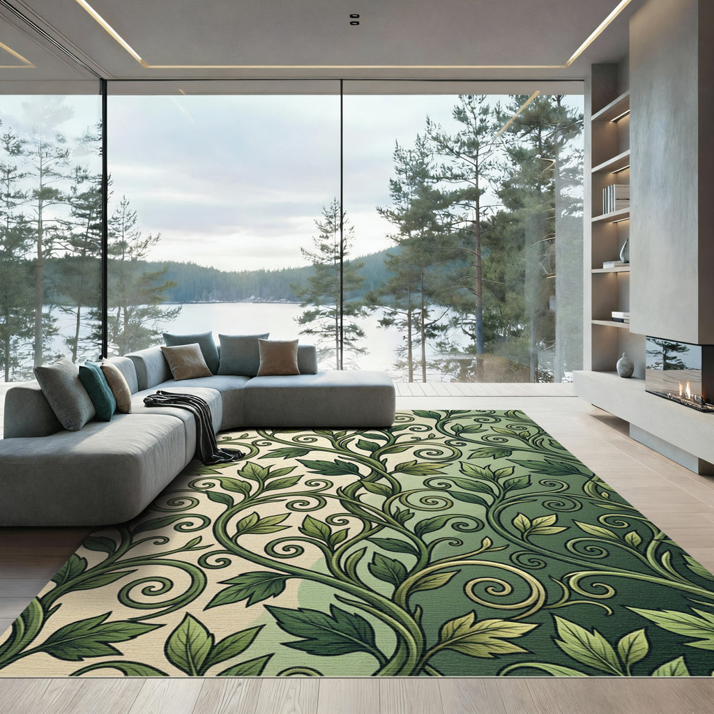 Elegant Forest Green Leafy Vine Swirl Rug