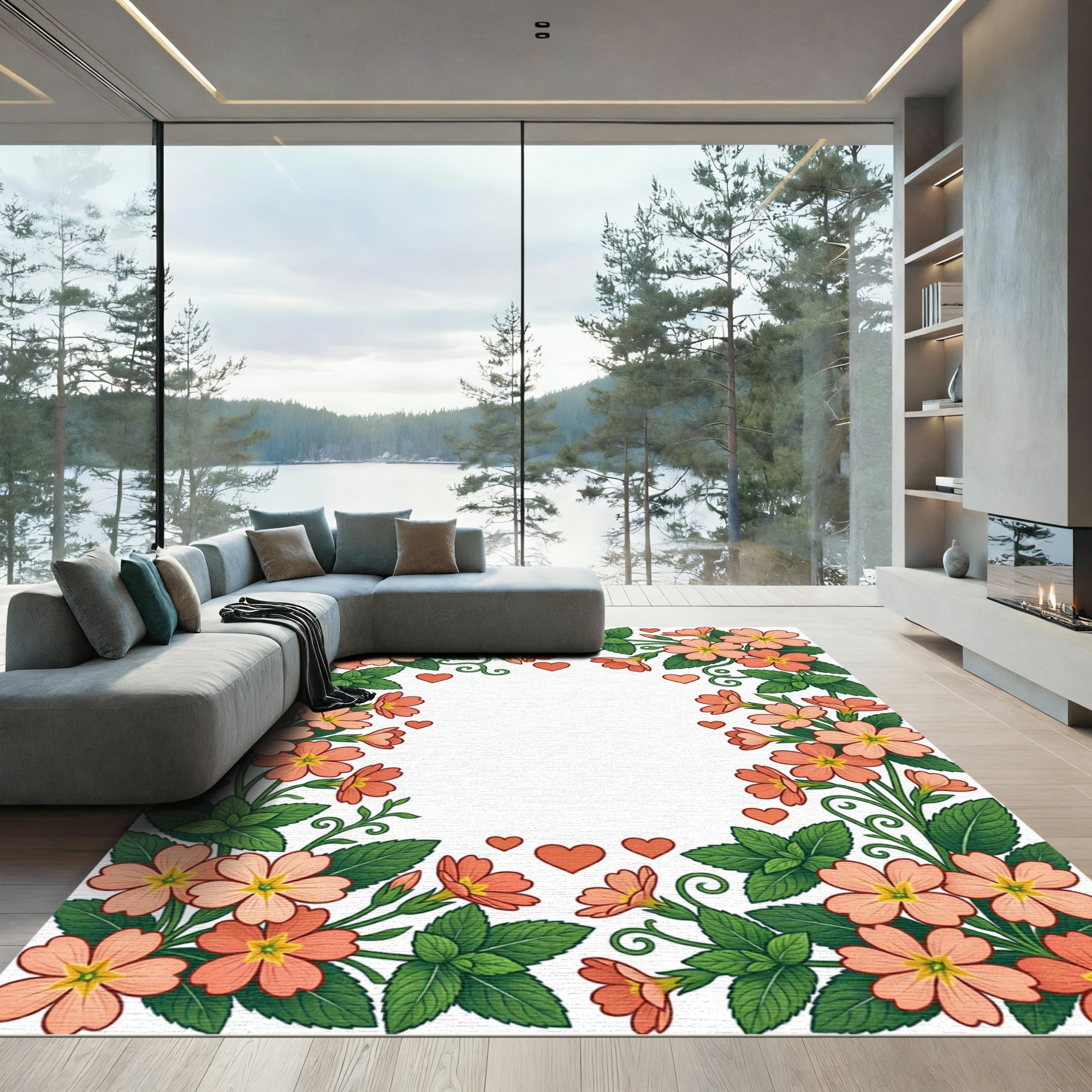 Coral Blossom Heart Garland Rug