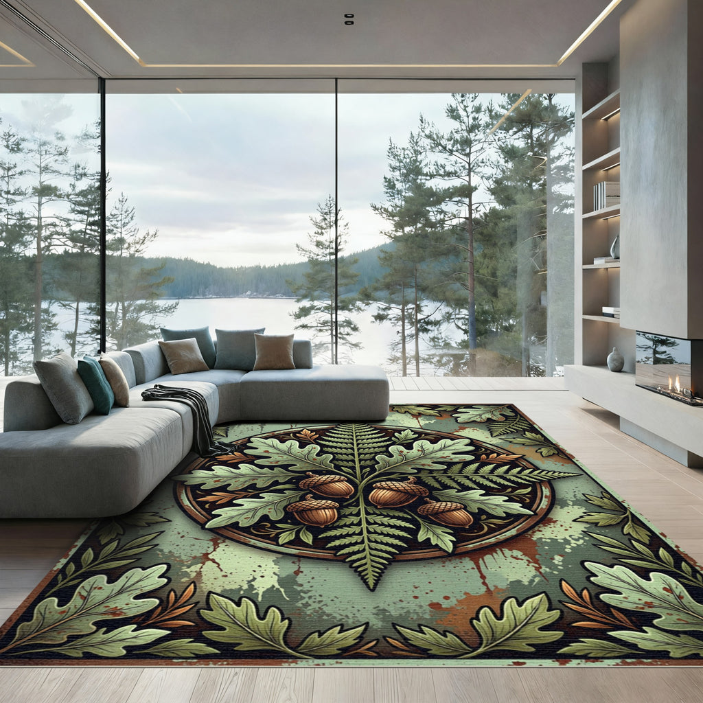 Earthy Oak Leaf Acorn Fern Medallion Rug