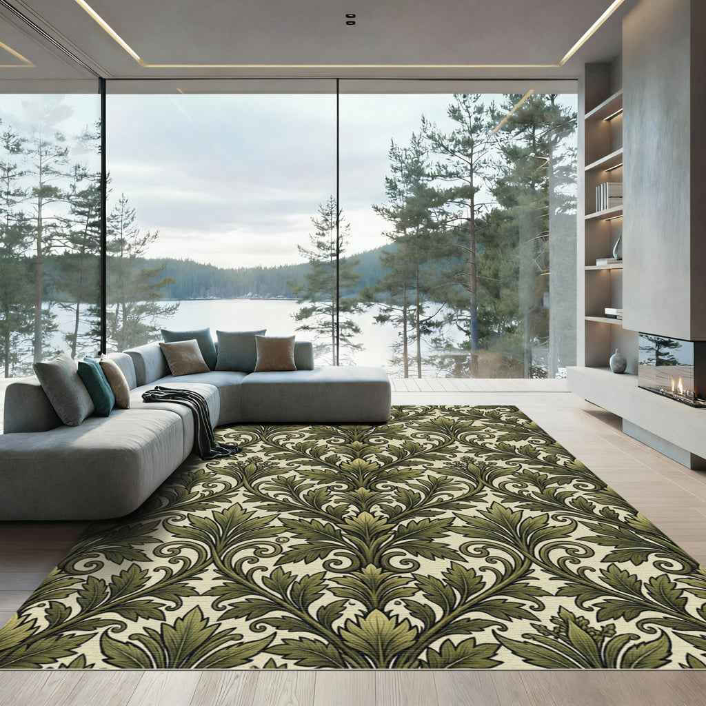 Sage Green Victorian Botanical Damask Rug