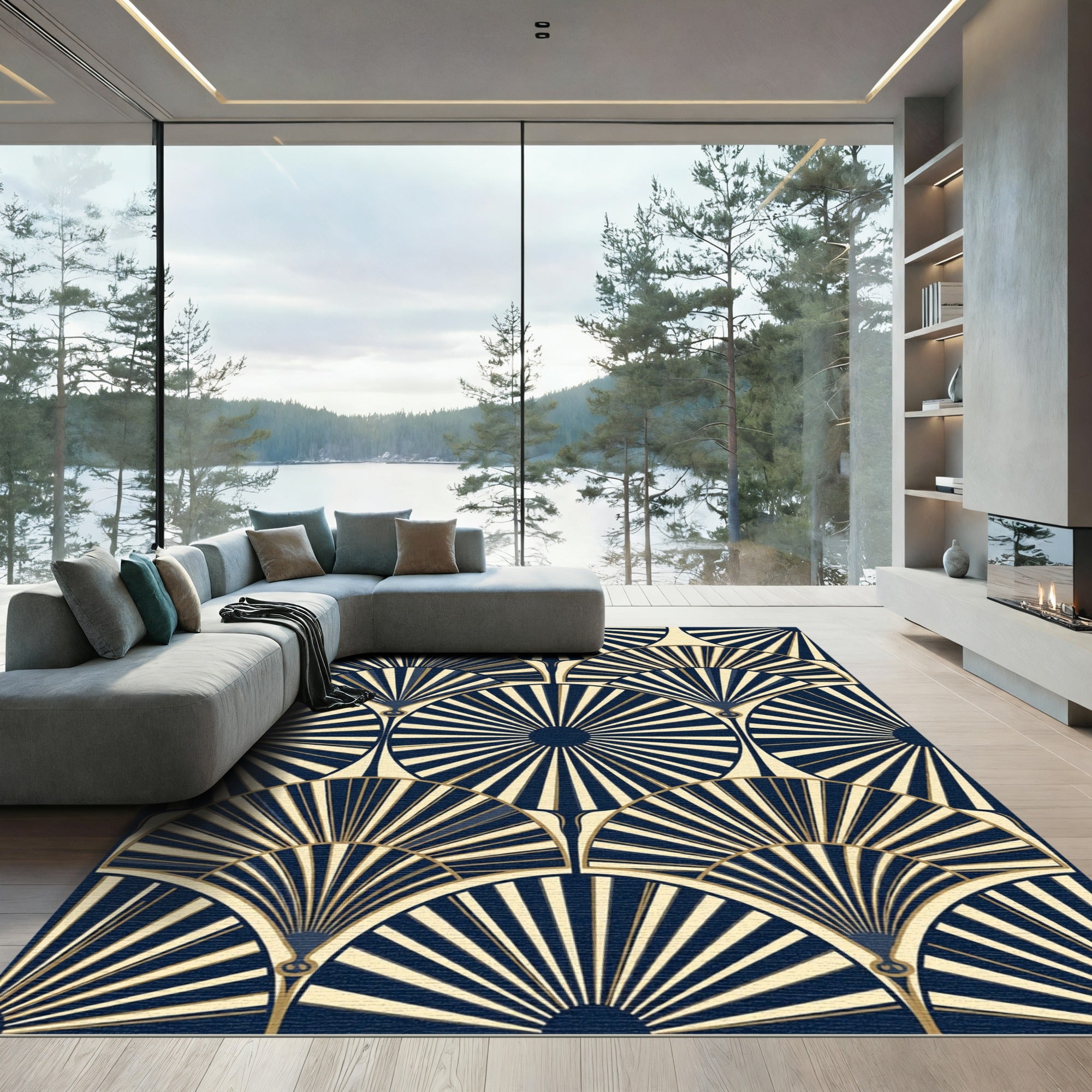 Art Deco Fan Navy Gold Geometric Rug