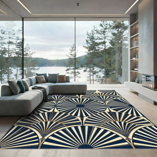 Art Deco Fan Navy Gold Geometric Rug