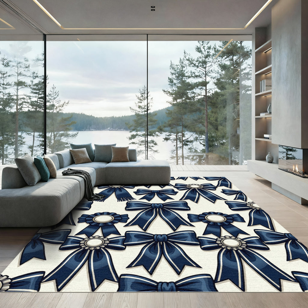Navy Ribbon Bows and Rosette Medallions Rug