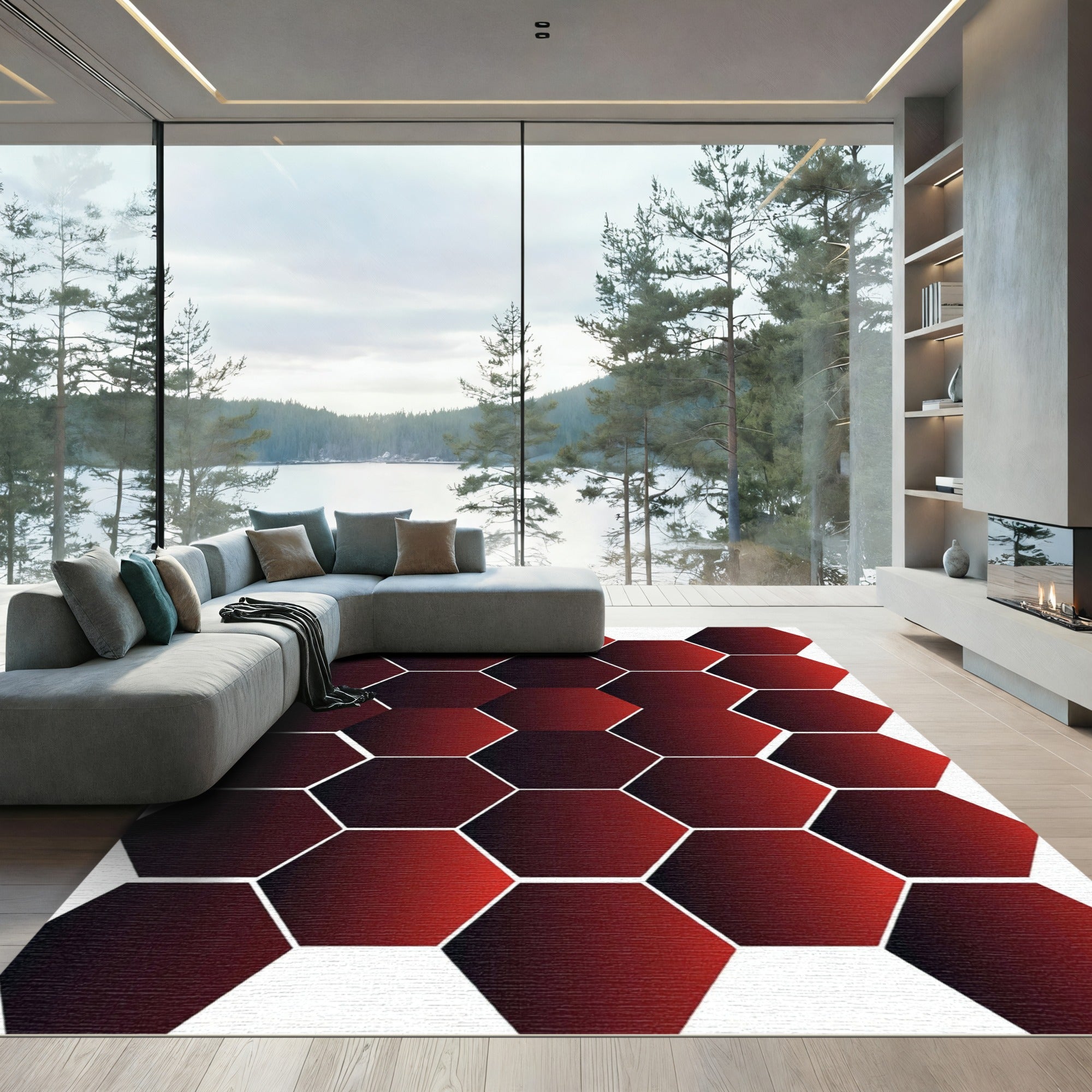 Crimson Red Graduated Hexagon Array Rug