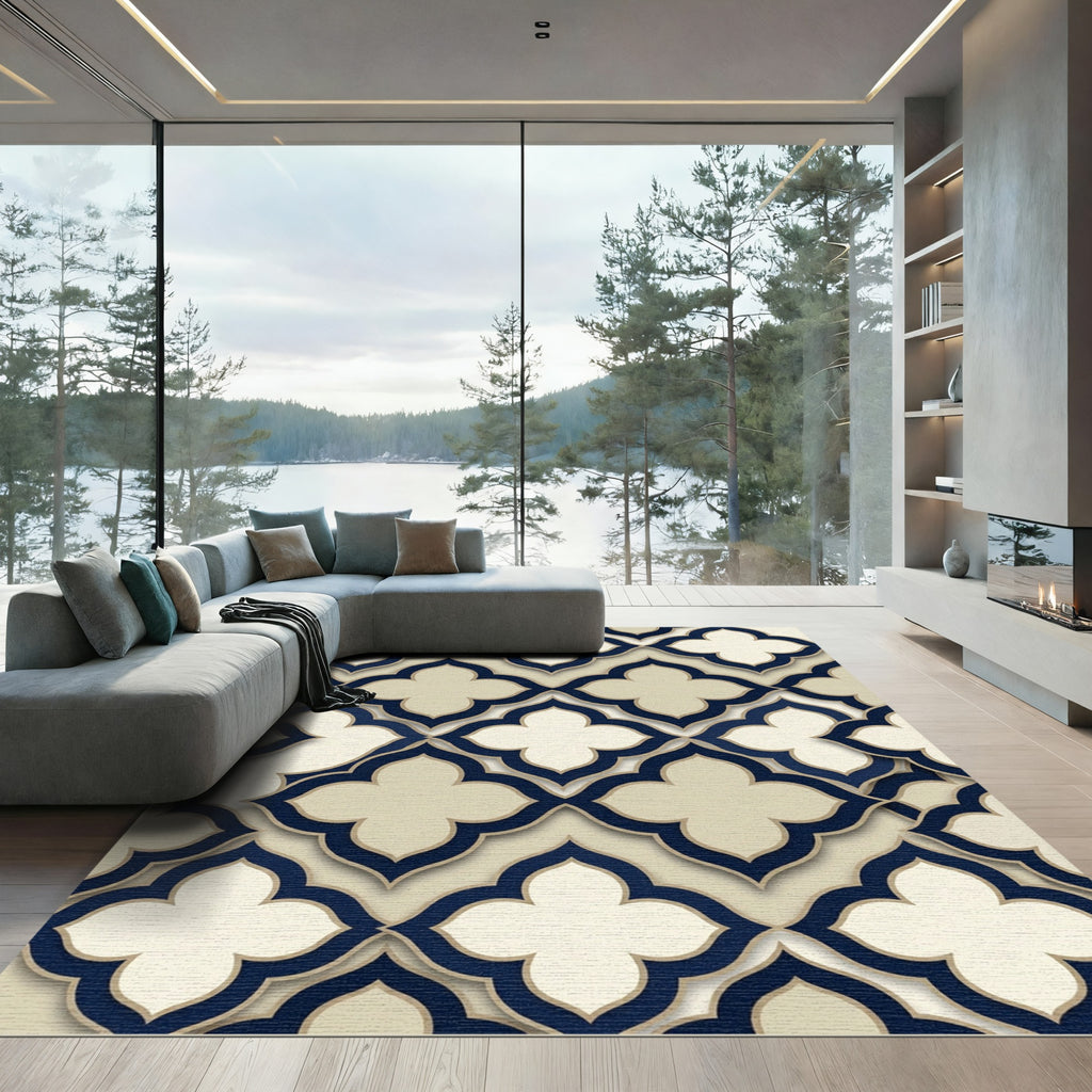 Elegant Navy Cream Quatrefoil Geometry Rug