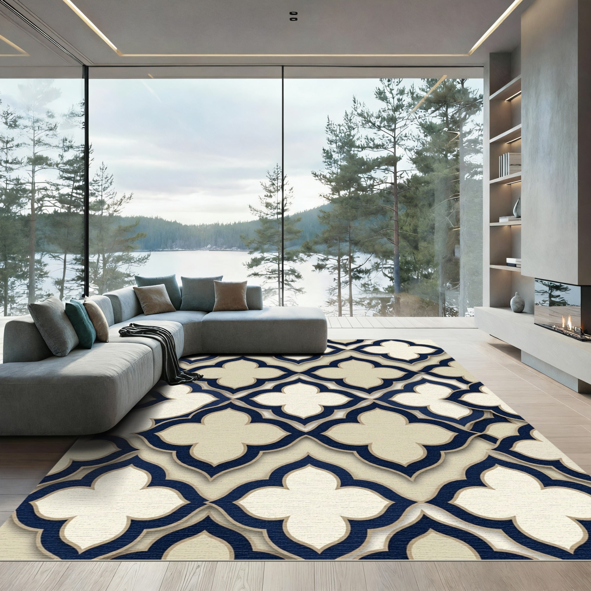Elegant Navy Cream Quatrefoil Geometry Rug