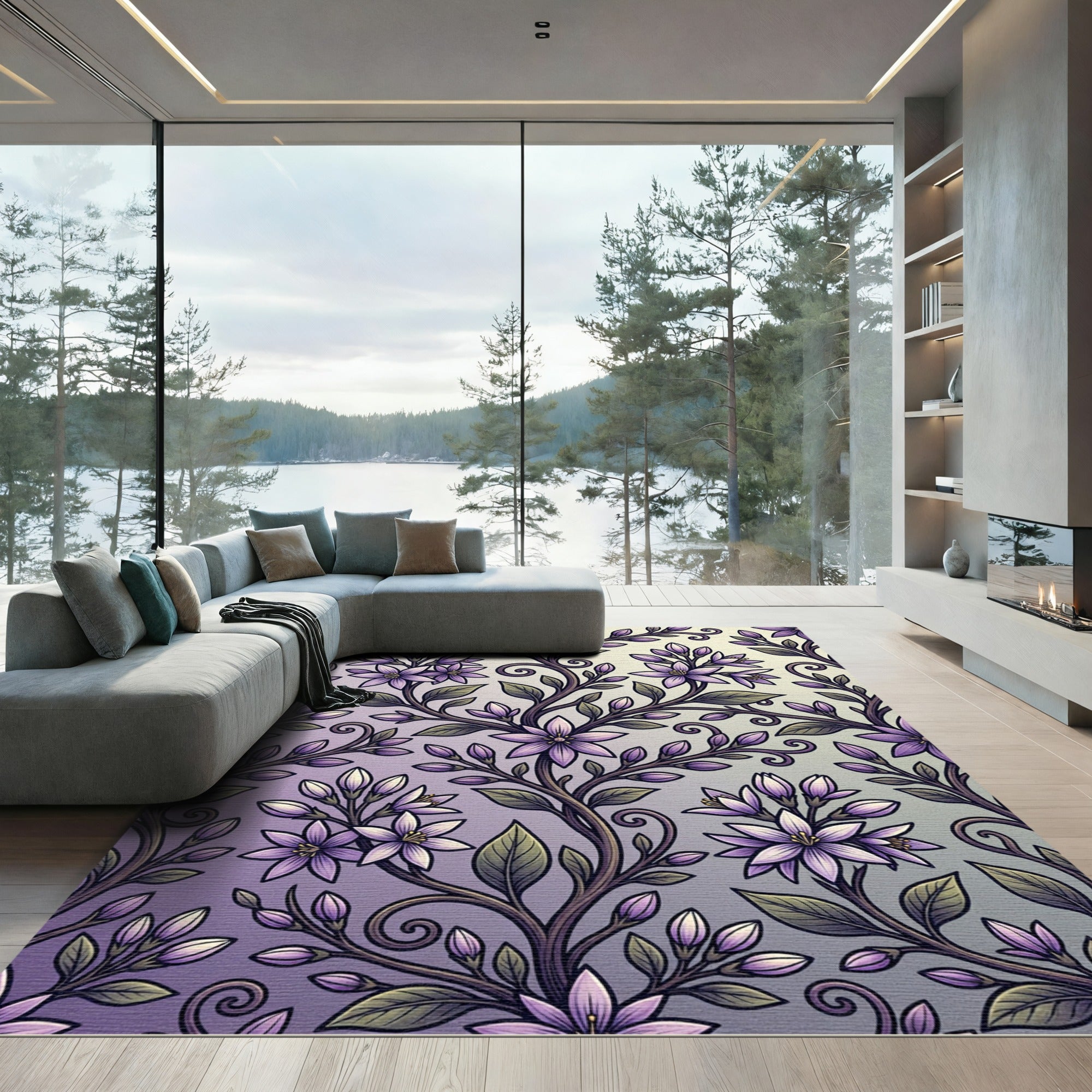 Elegant Lavender Botanical Scroll Garden Rug