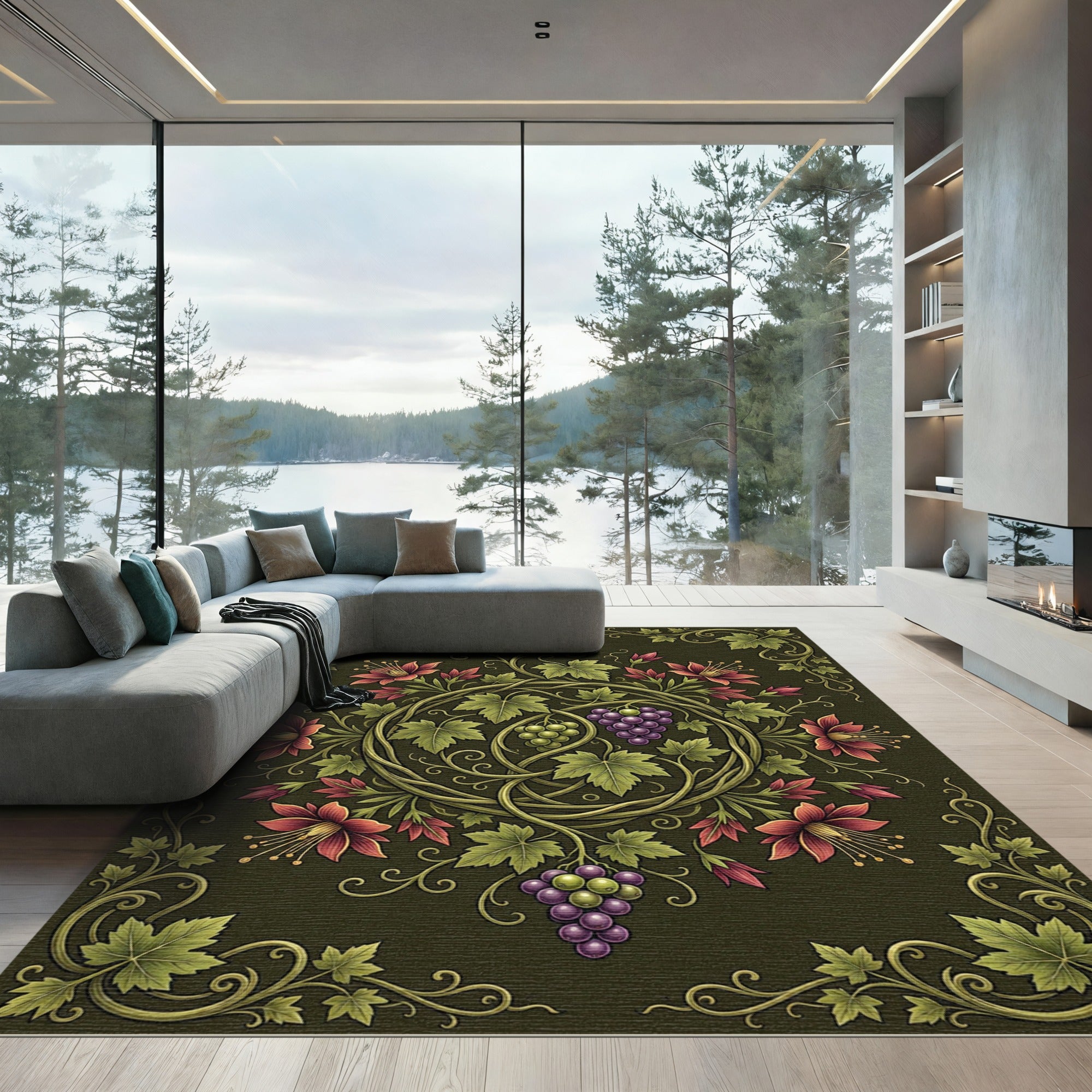 Ornate Forest Green Grape Vine Tapestry Rug