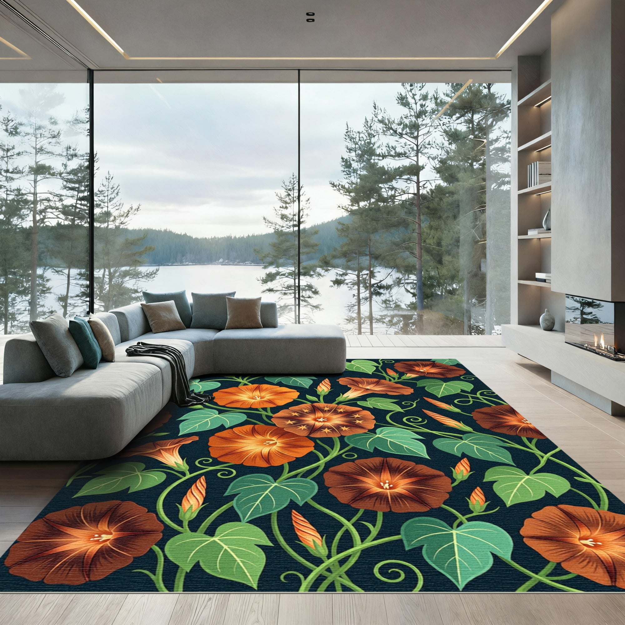Earthy Orange Morning Glory Floral Rug