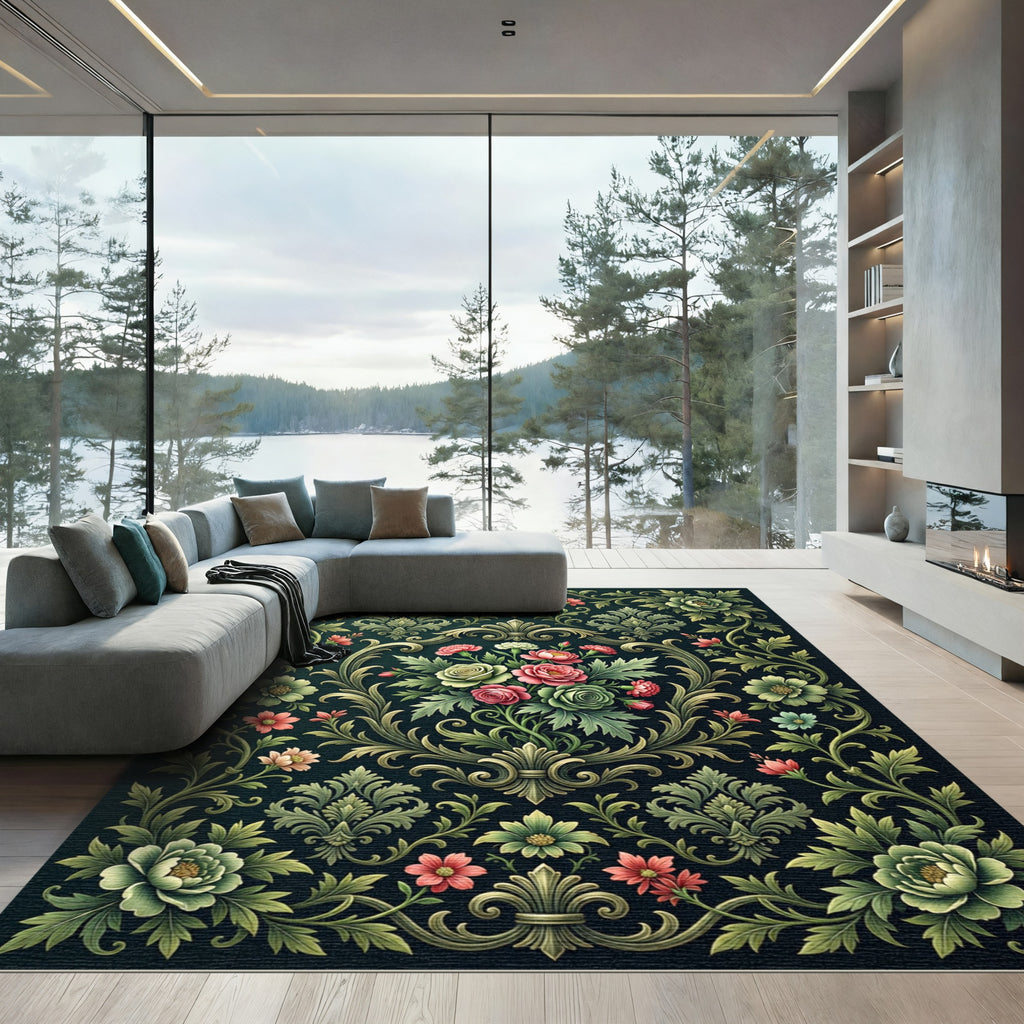 Ornate Emerald Floral Damask Scroll Rug